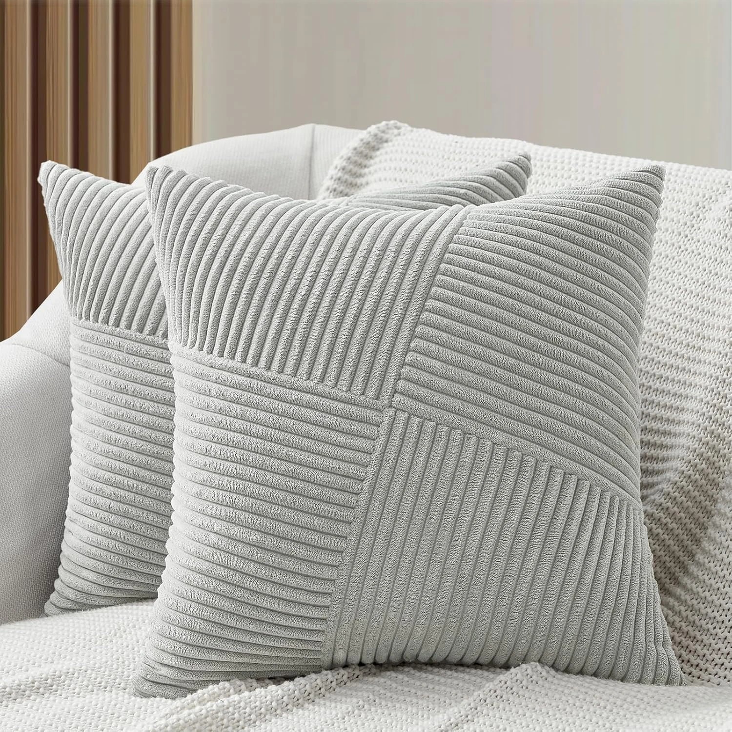 1 Gioia Casa 2-Pack Corduroy Cushion Covers Windmill Pattern 45x45cm - Light Grey, 1 of 2