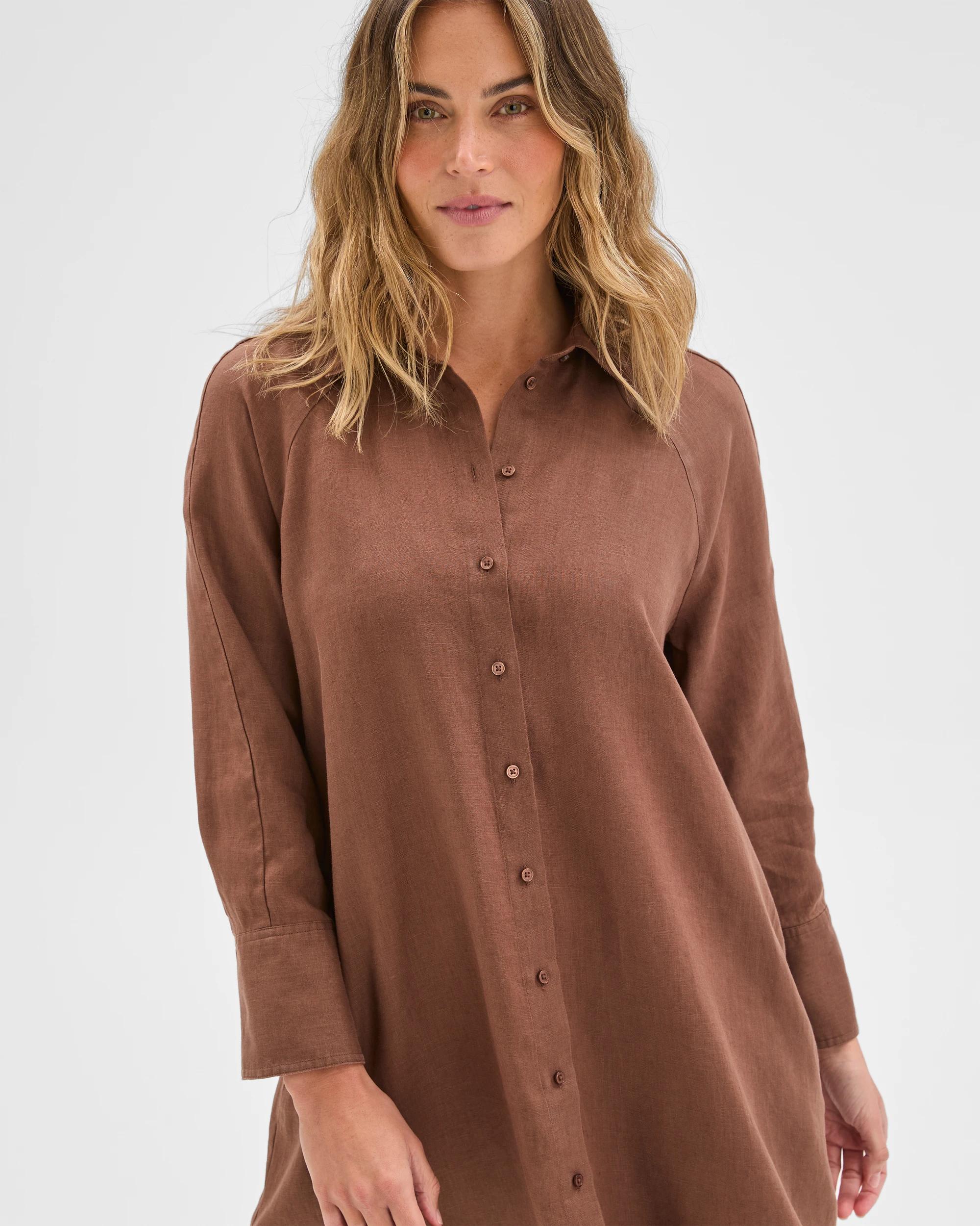 3 Target Woman European Linen 3/4 Sleeve Midi Shirt Dress WARM BROWN, 3 of 6