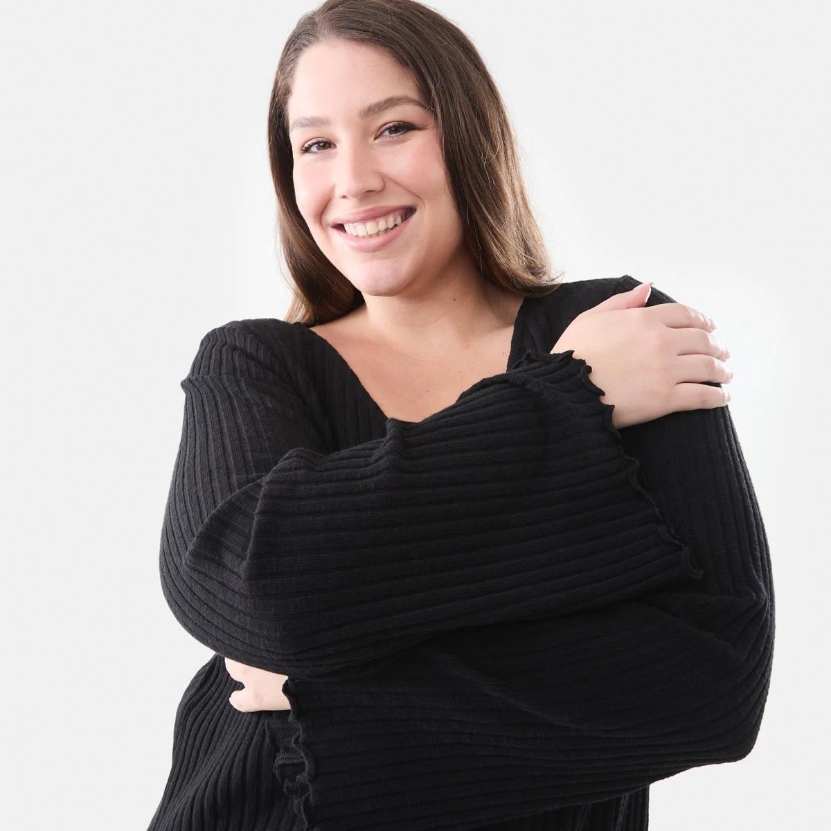 4 Curve Long Sleeve V-Neck Rib Top Black, 4 of 5