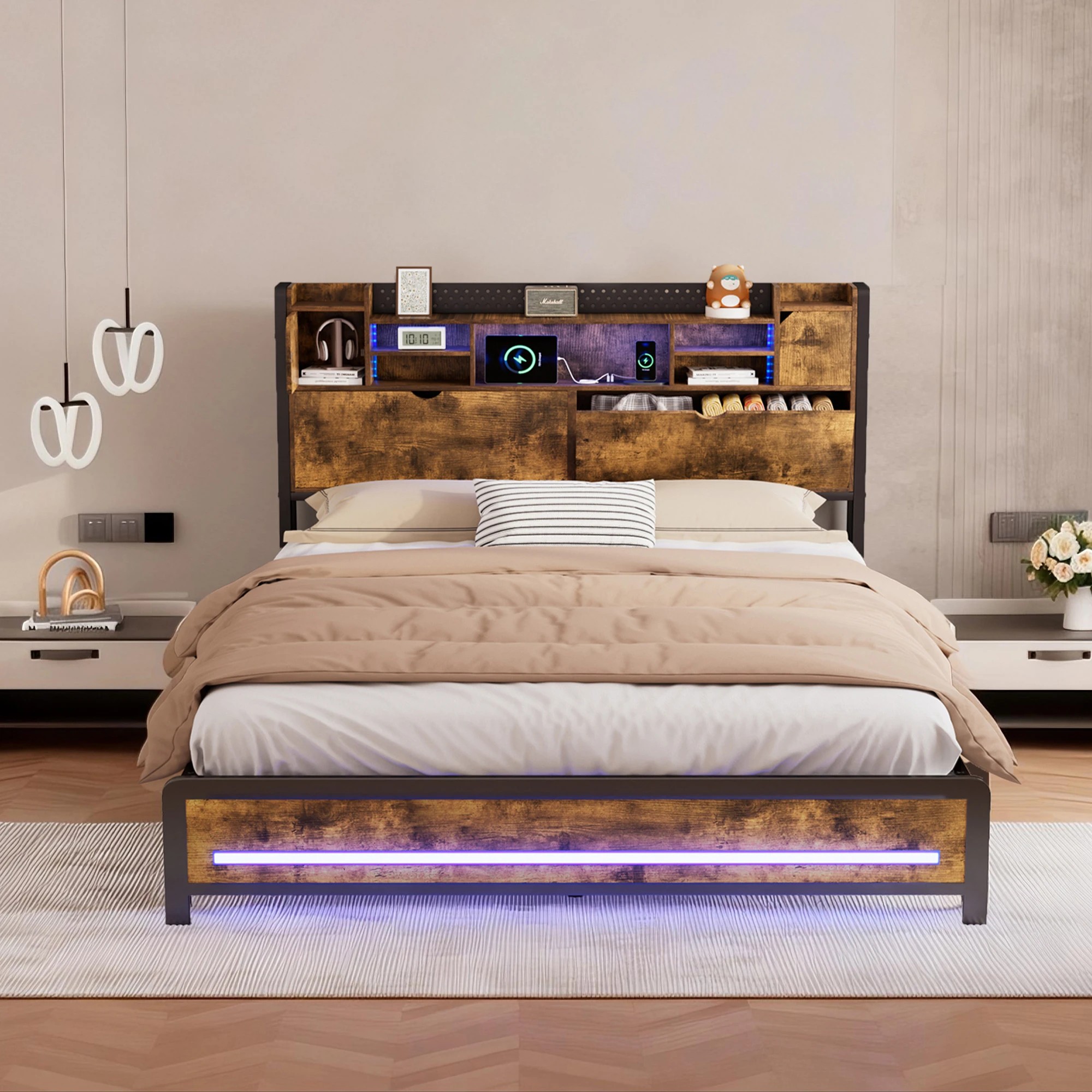 7 Levede King Bed Frame Industrial with LED Charging Station and Storage Bedhead, 7 of 9