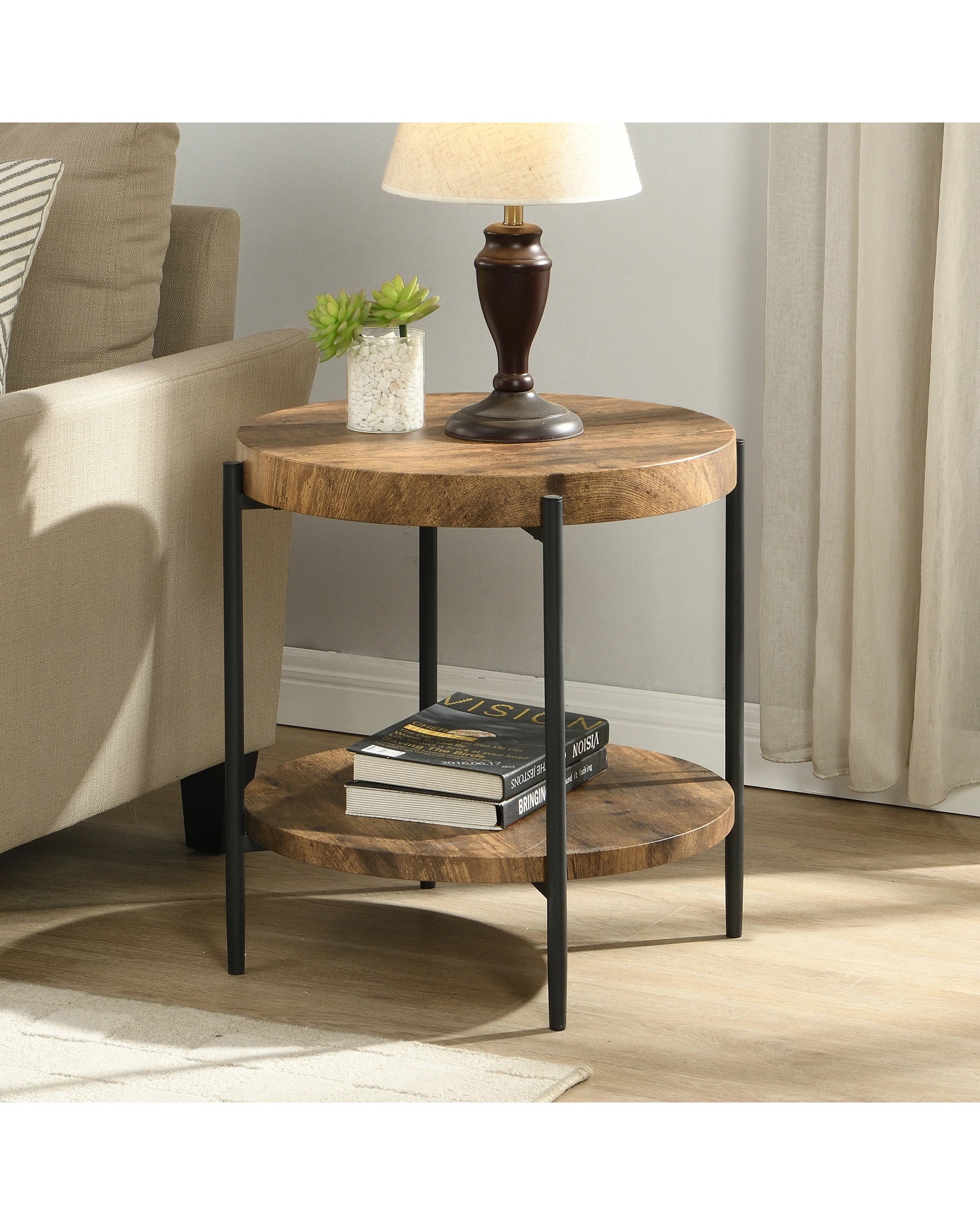 2 IHOMDEC 2 Tier MDF Steel Round Side Table, 2 of 5