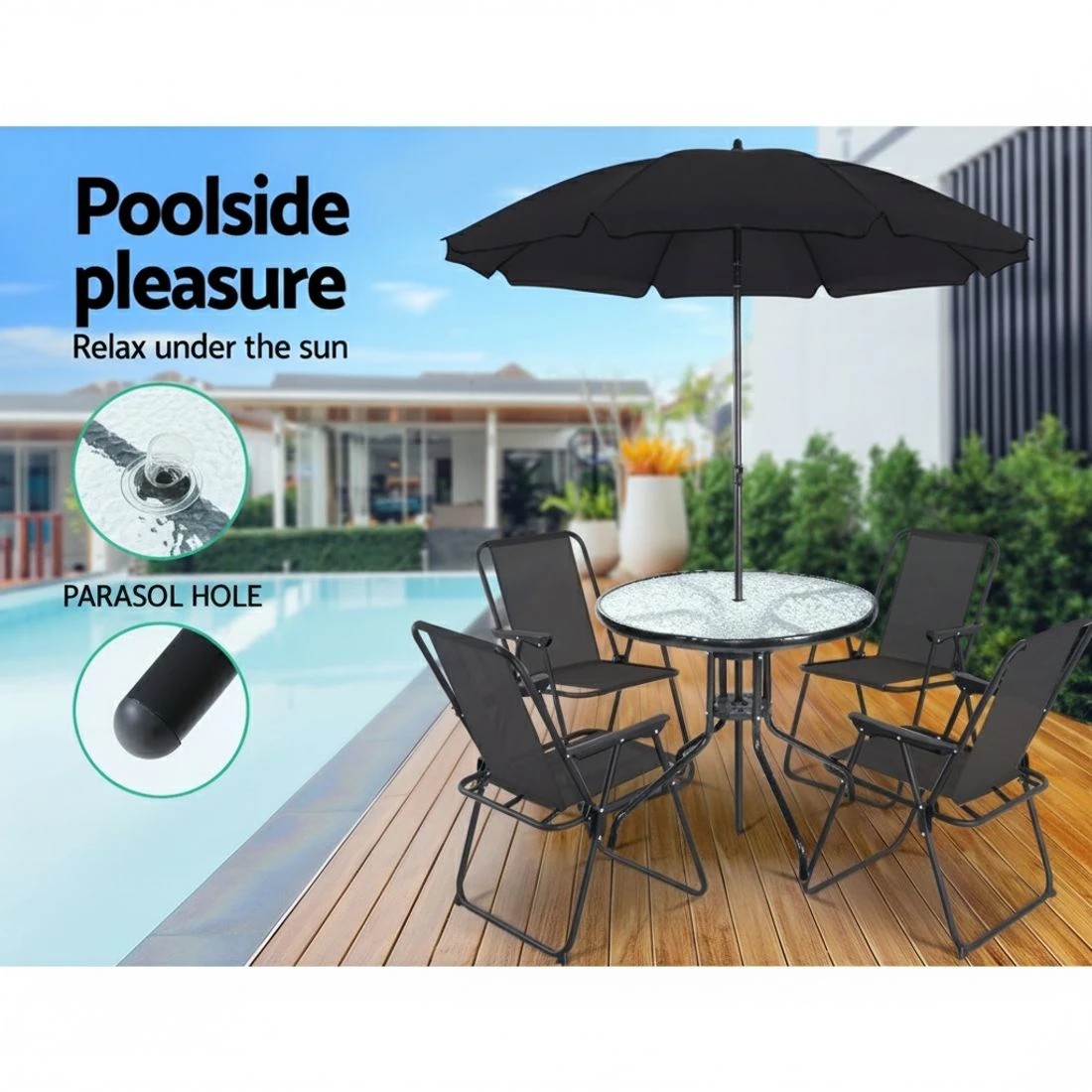 4 Gardeon Outdoor Bar Table Glass Cafe Table Steel Side Parasol Hole - Black, 4 of 6