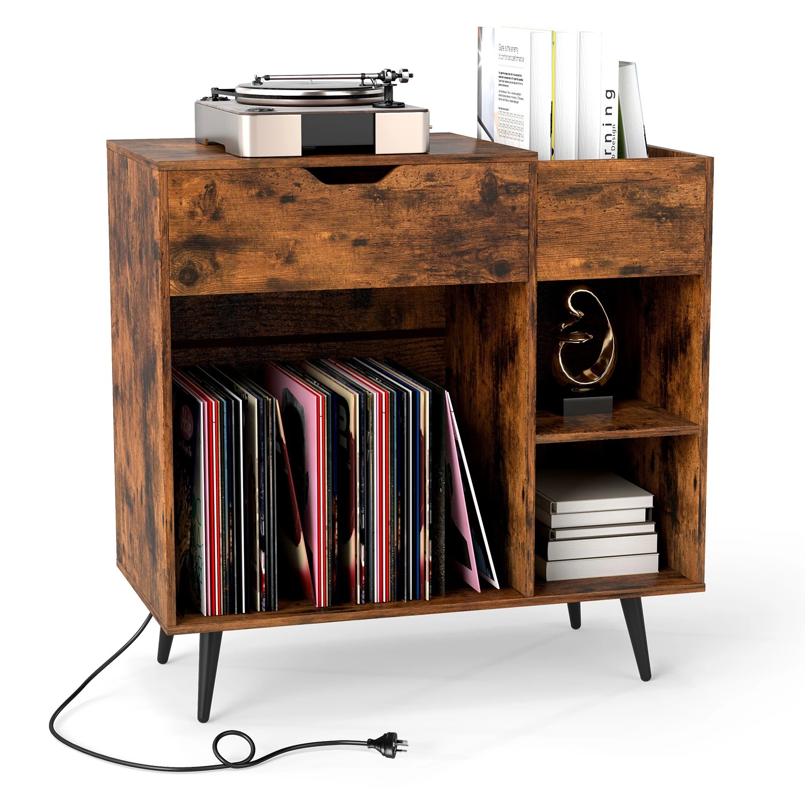 6 Costway Record Player Stand w/Power Outlets Industrial Vinyl Record Storage Cabinet, 6 of 7