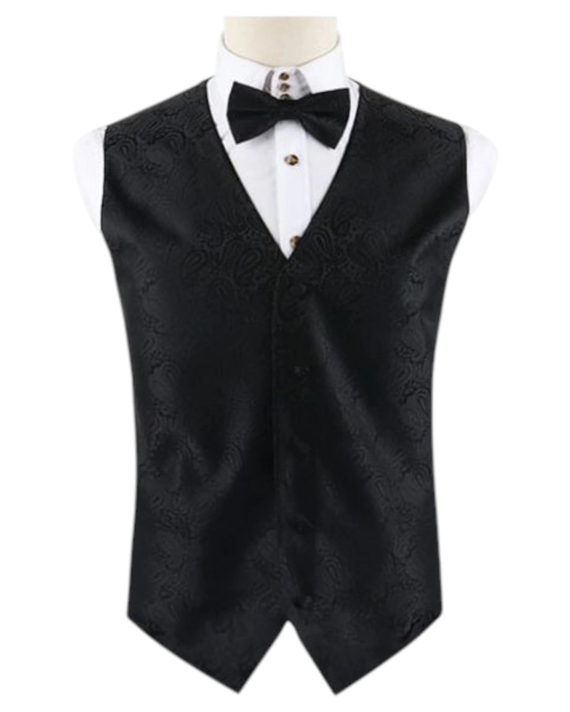 1 Zasel Mens Boho Paisley Patterned Vest Waistcoat & Matching Bow Tie BLACK, 1 of 1