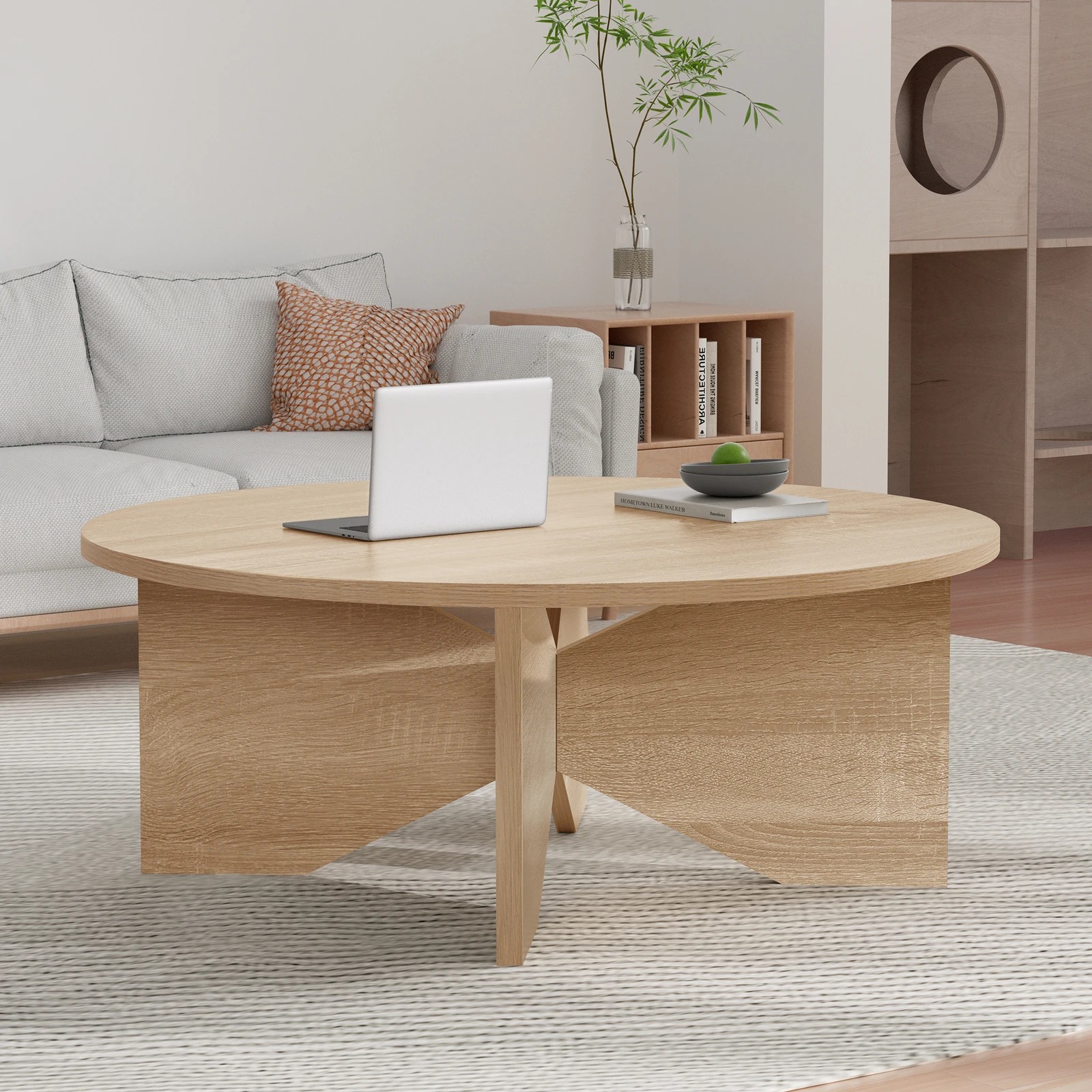 10 Alfordson Coffee Table Modern Round Table X-shape Wooden Legs Living Room - Oak, 10 of 10