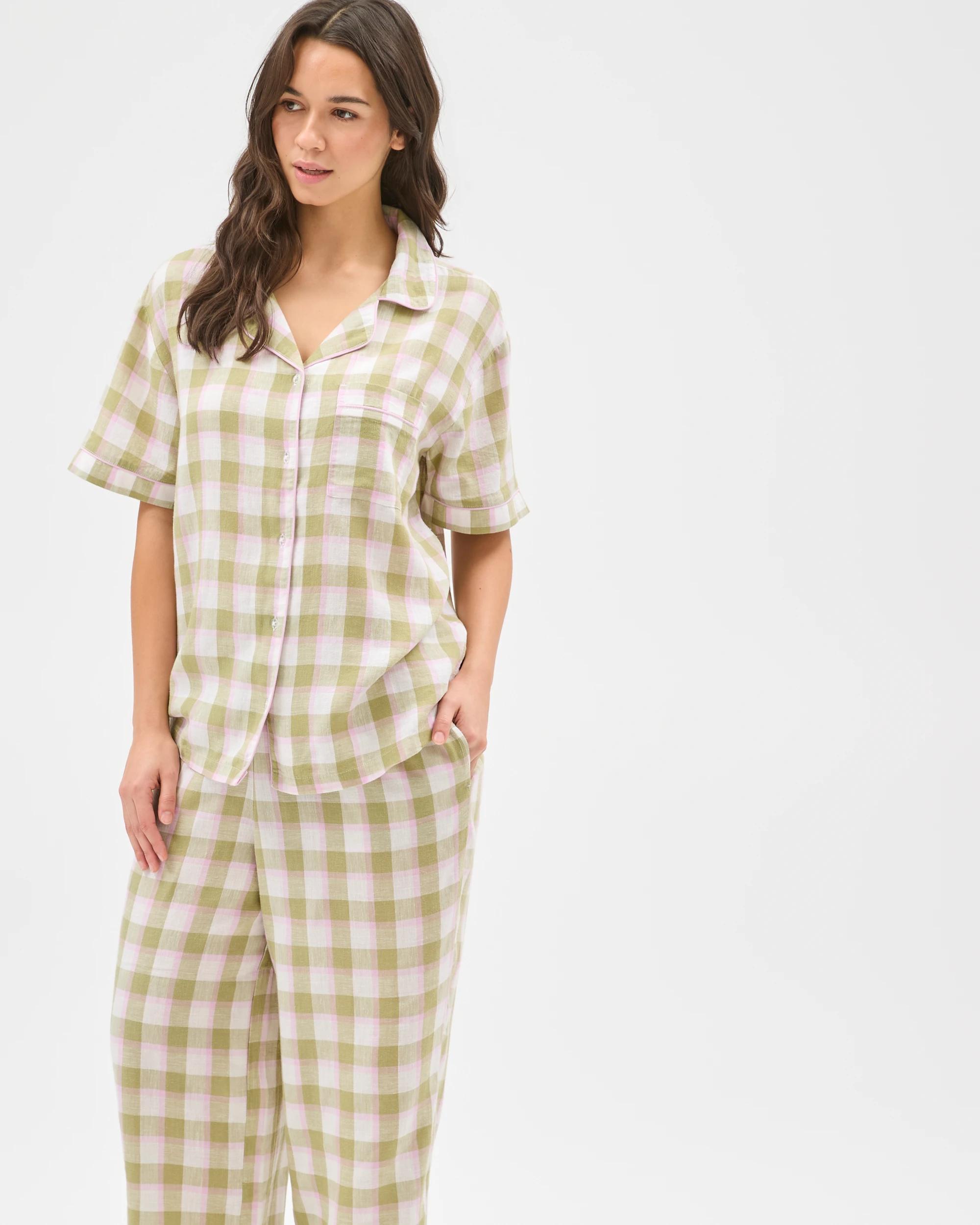 2 Target Woman Linen Blend 7/8 Length Pyjama Set GREEN CHECK, 2 of 6