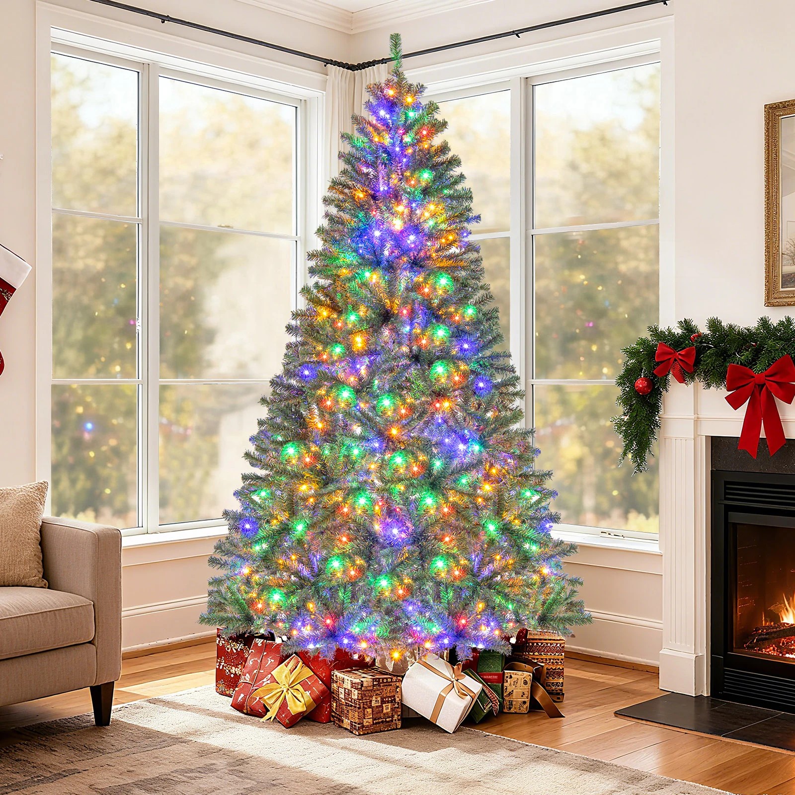 5 Costway 2.1M Pre-Lit Artificial Christmas Tree w/930 Multicolored LEDs Hinged Holiday Xmas Tree, 5 of 6