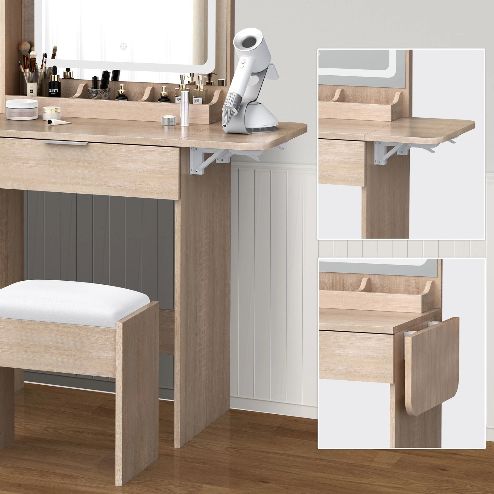 3 Alfordson Dressing Table Stool Set LED Vanity Desk Makeup Mirror Drawers - Wood, 3 of 10