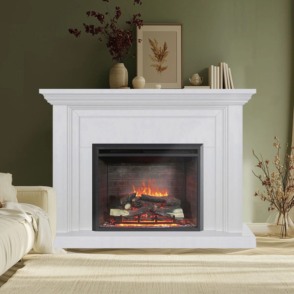 1 Moda Living Kingsley Electric Fireplace Heater White Mantel Suite with Primo Insert - White, 1 of 5