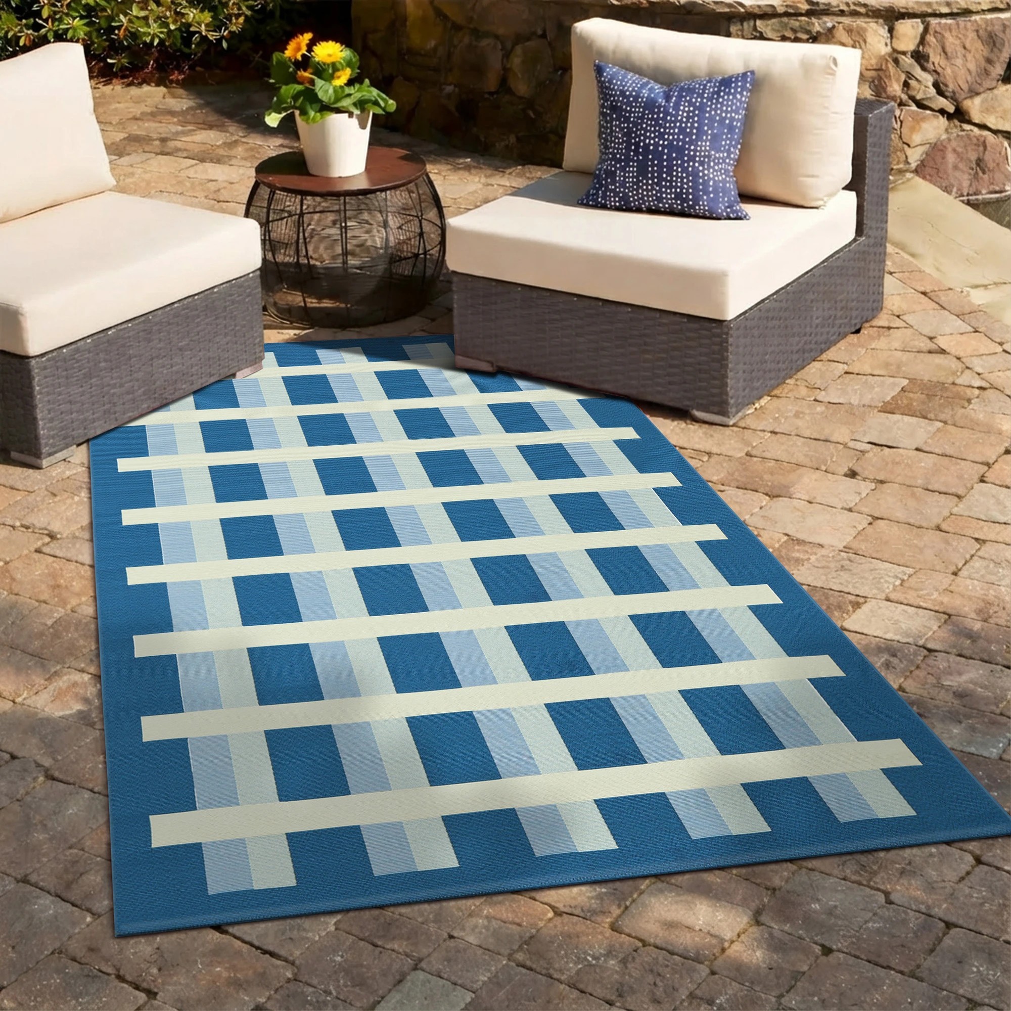 1 Common Ground Rugs Horizon Lattice 285x200cm - Large Pet Friendly Outdoor Floor Rug - Blue, 1 of 9