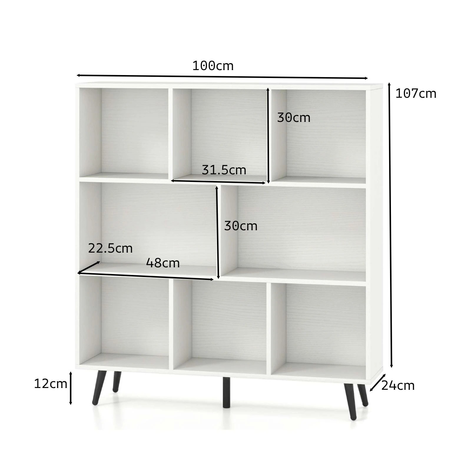 4 Costway 3-Tier Bookcase 8 Cube Bookshelf w/Metal Angled Legs Storage Display Organizer - White, 4 of 5