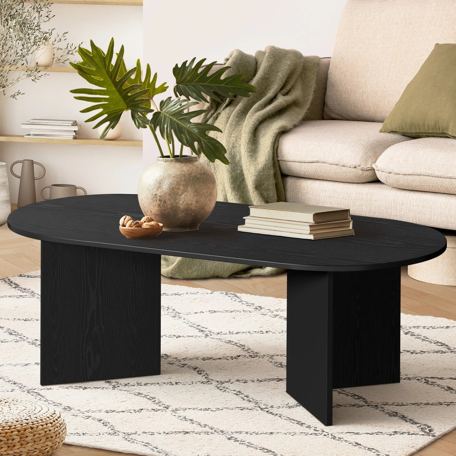 3 Oikiture Coffee Table Sofa End Table Oval Side Cafe Desk Timber - Black, 3 of 9