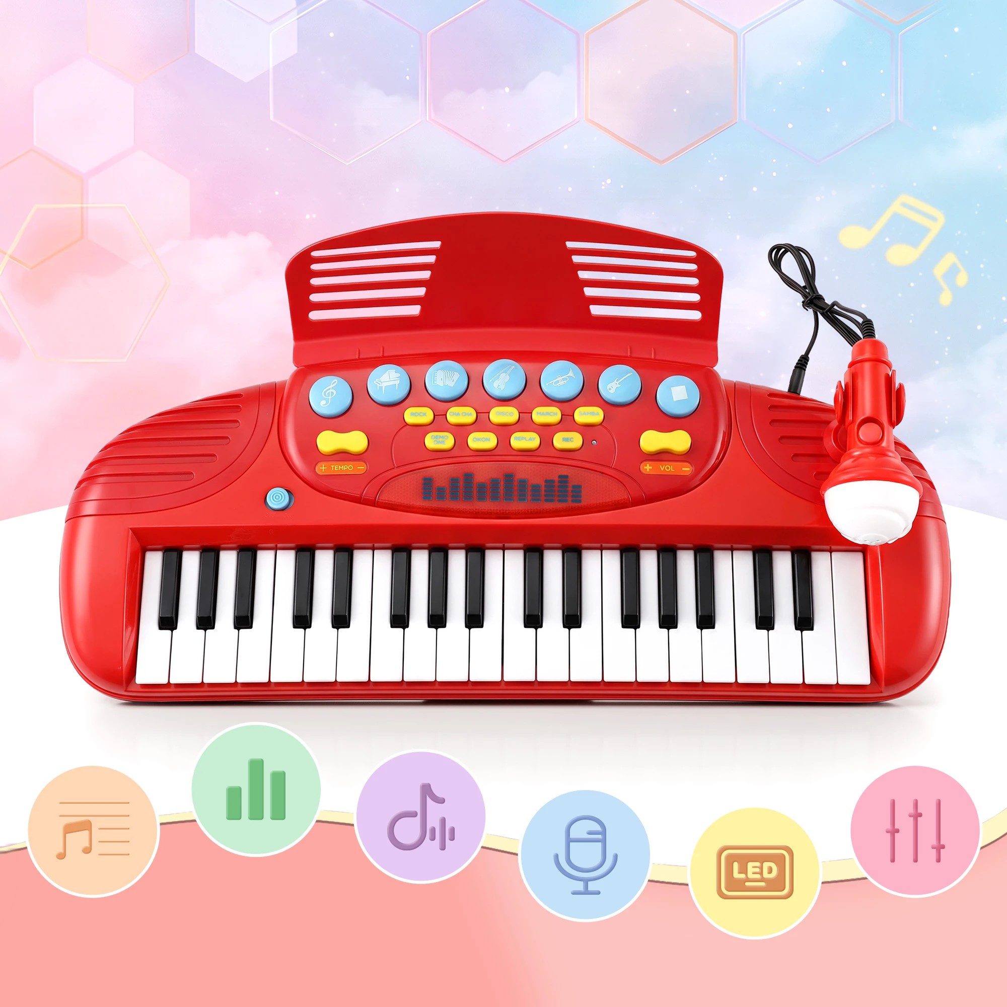 6 Keezi Kids Piano Keyboard 37 Keys Electronic Musical Instrument Set w/ Stool Microphone - Red, 6 of 9