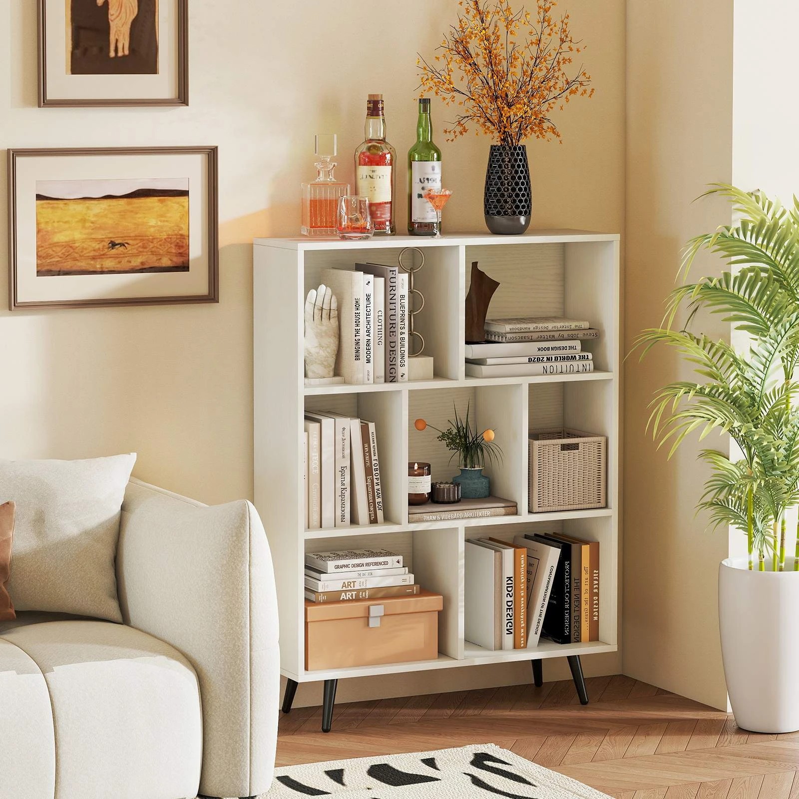 2 Costway 7-Cube Bookcase Display Rack Bookshelf w/Metal Leg Storage Organizer - White, 2 of 5