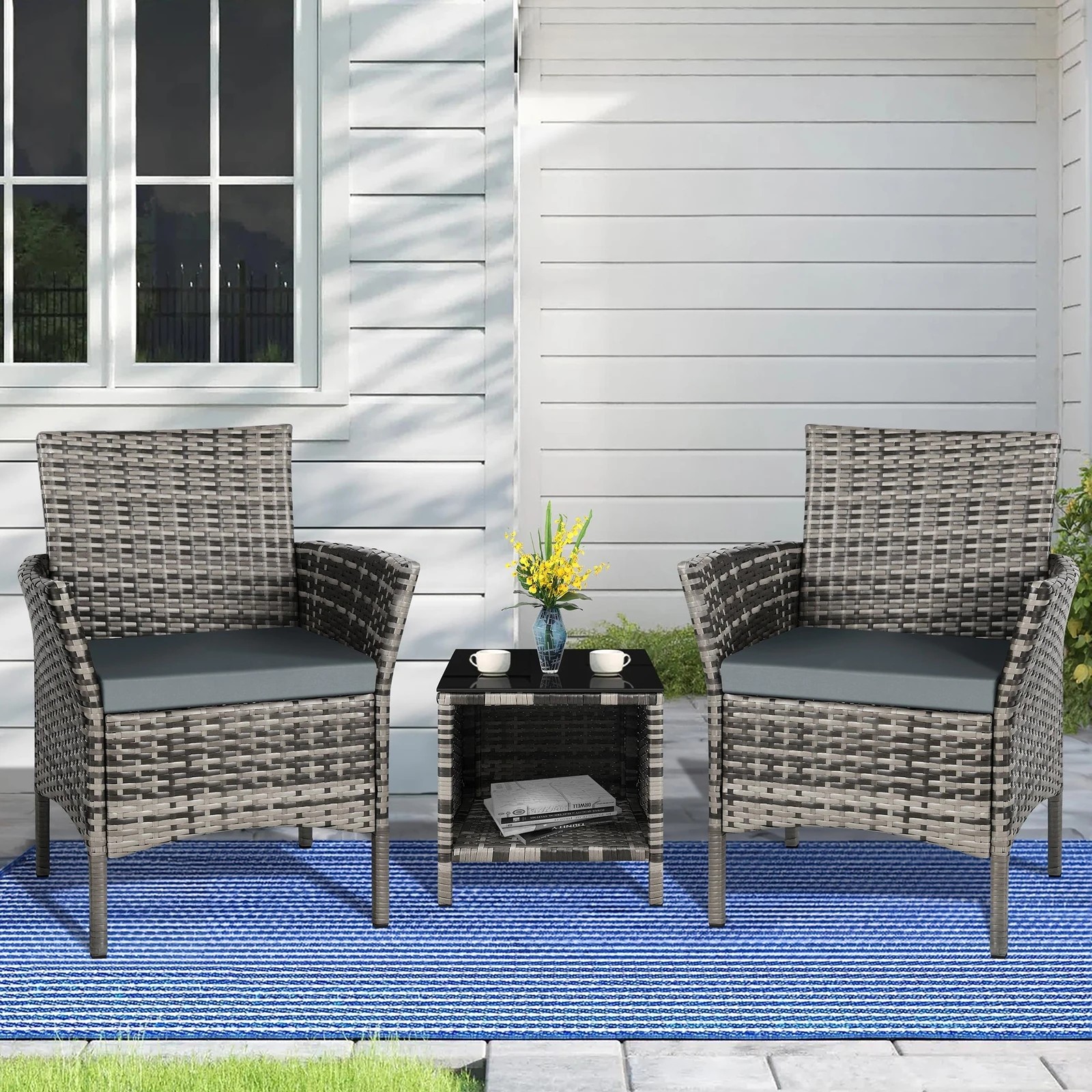 2 Alfordson Outdoor Furniture 3PCS Wicker Bistro Set Patio Chairs Table - Mixed Grey, 2 of 10