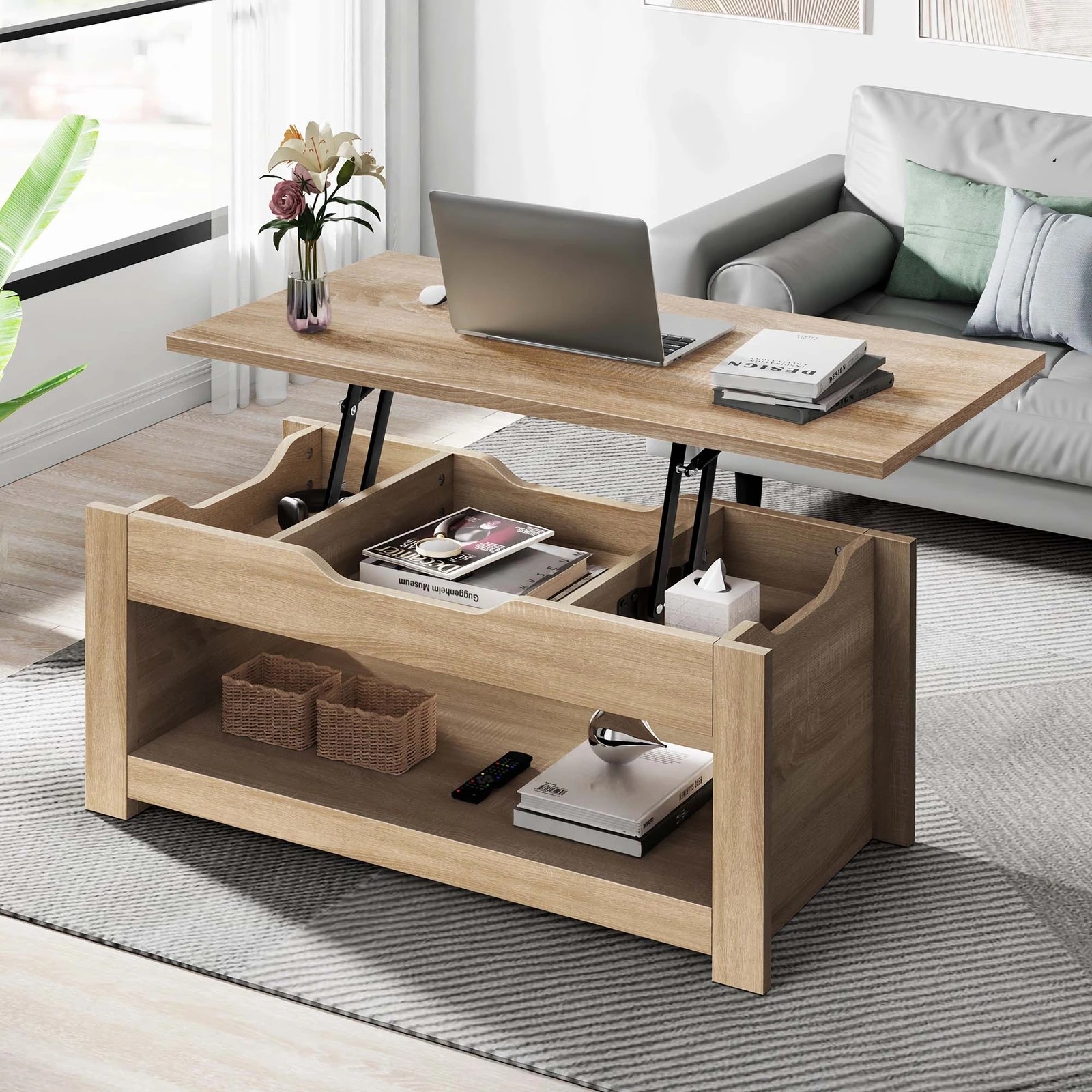 2 Alfordson Coffee Table Lift Up Top Laptop Desk Hidden Storage Shelf - Oak, 2 of 10
