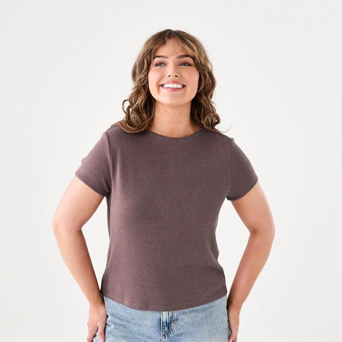 1 Short Sleeve Textured Top FAWN TAUPE, 1 of 5