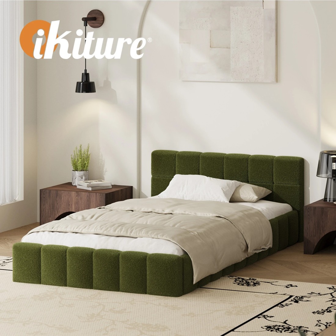 6 Oikiture Bed Frame King Single Size Tufted Headboard Boucle - Green, 6 of 9
