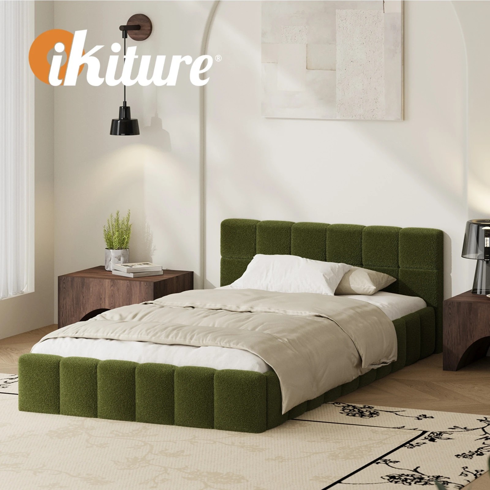 6 Oikiture Bed Frame King Single Size Tufted Headboard Boucle - Green, 6 of 9