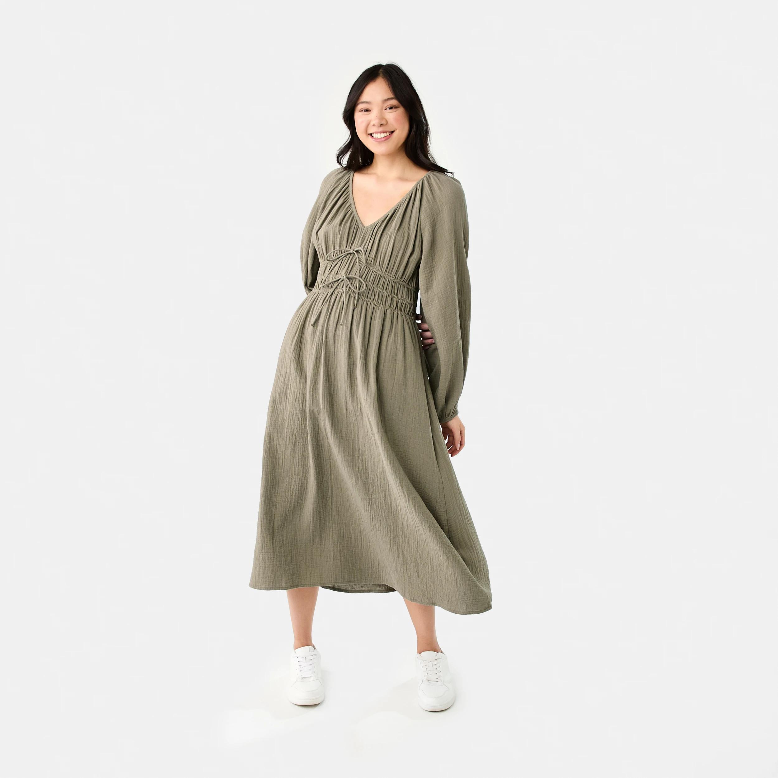 1 Long Sleeve Shirred Detail Midi Dress PAVEMENT GREY, 1 of 7