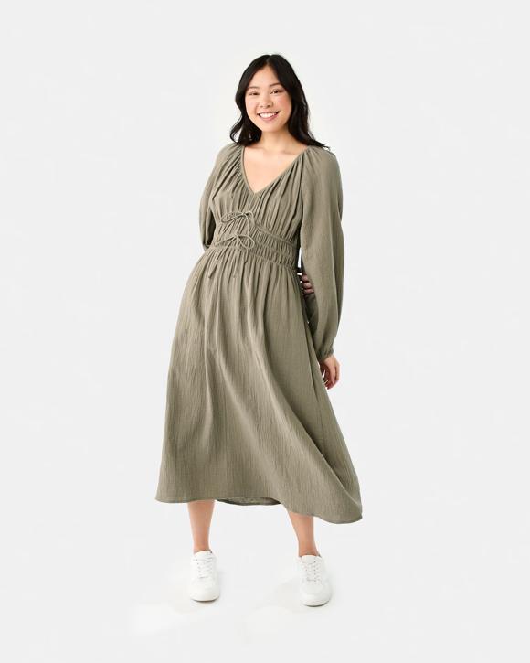 Long Sleeve Shirred Detail Midi Dress