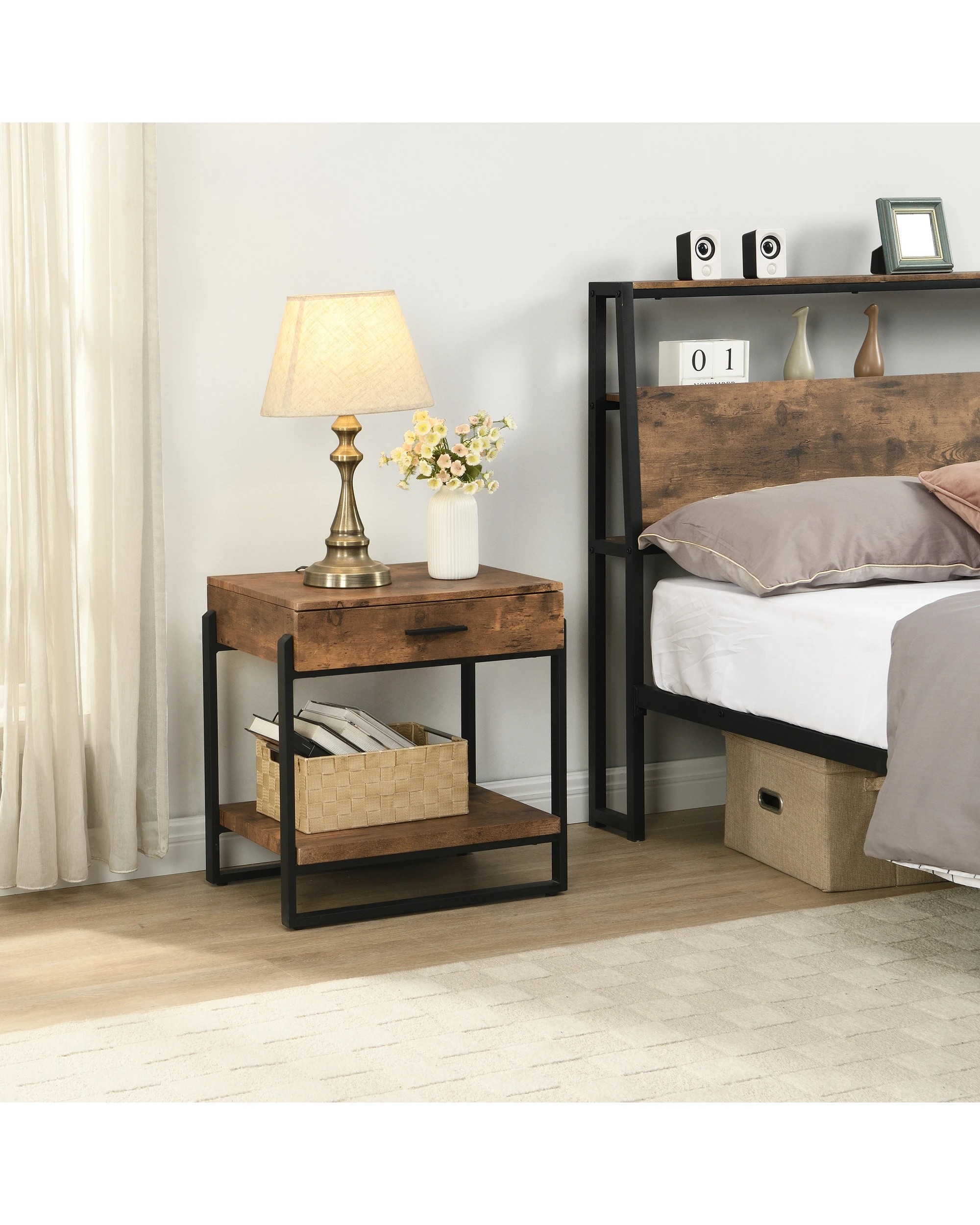 4 IHOMDEC Industrial Nightstand Side Table with Drawer and 2 Shelves, 4 of 5