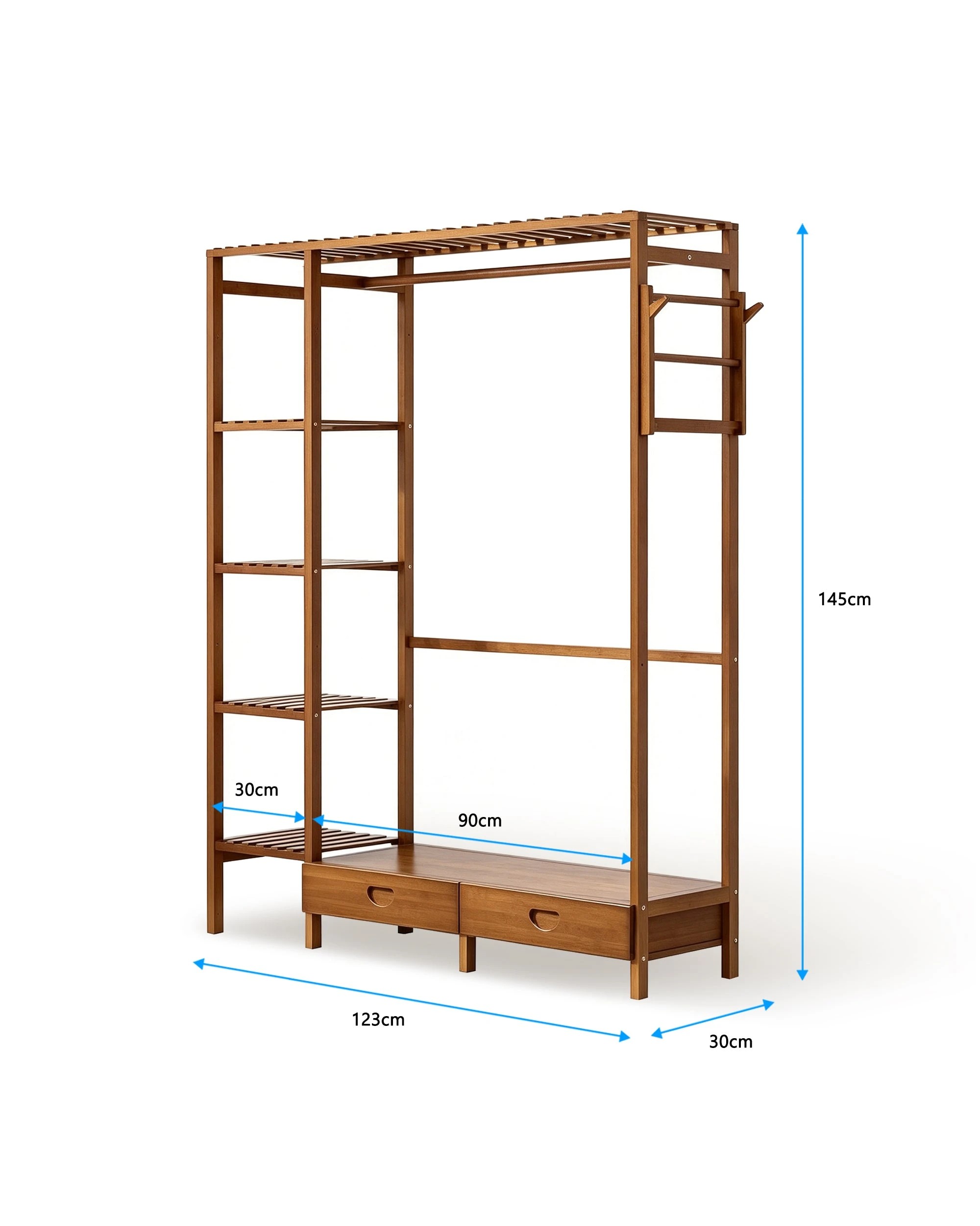 3 Foret Freestanding Open Wardrobe Bamboo Clothes Rack With Shelves & Drawers, 3 of 8