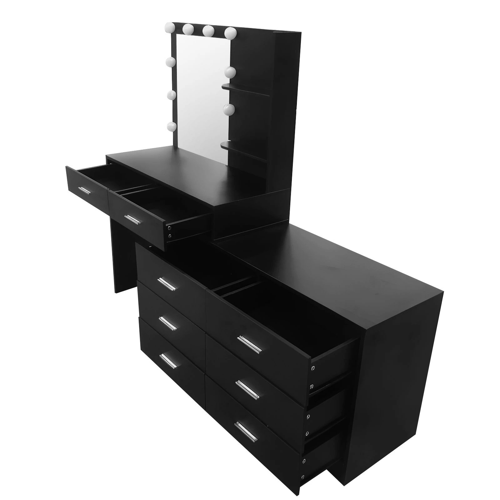 6 Ausway Hollywood Mirror Dressing Table with 10 LED Lighted Bulbs, 3 Lighting Colours, 8 Drawers & 2 Shelves, 6 of 7