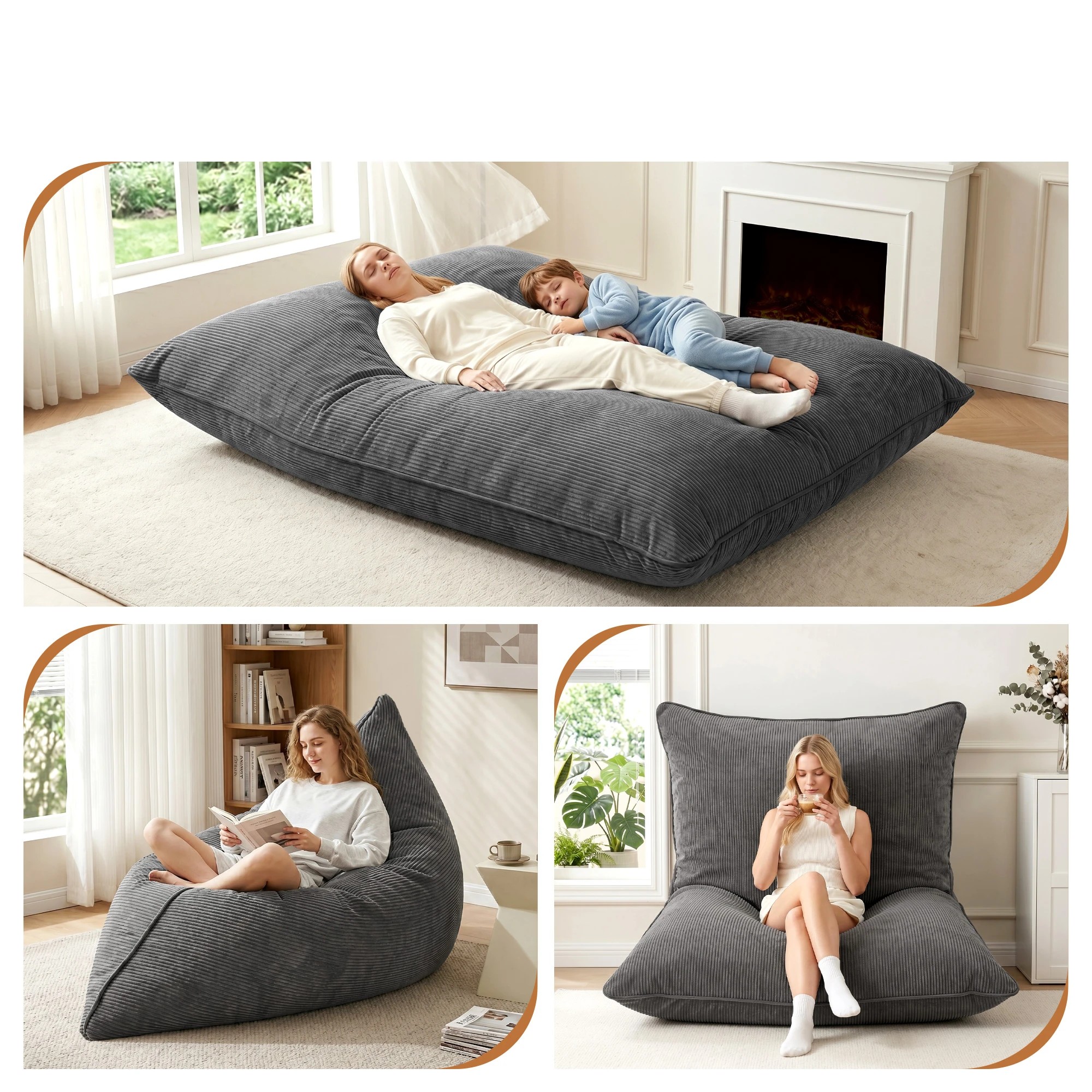 6 Artiss 3 in 1 Bean Bag Chair Cover No Filler Convertible Corduroy Bean Bag Cover Washable - Grey, 6 of 10