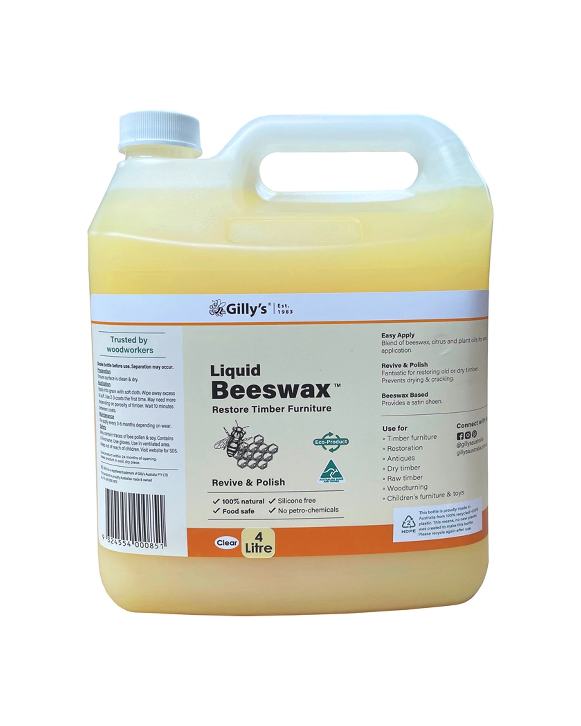 1 GILLYS Liquid Beeswax DIY Wood Polish 4L Food Safe Finish - Natural, 1 of 1