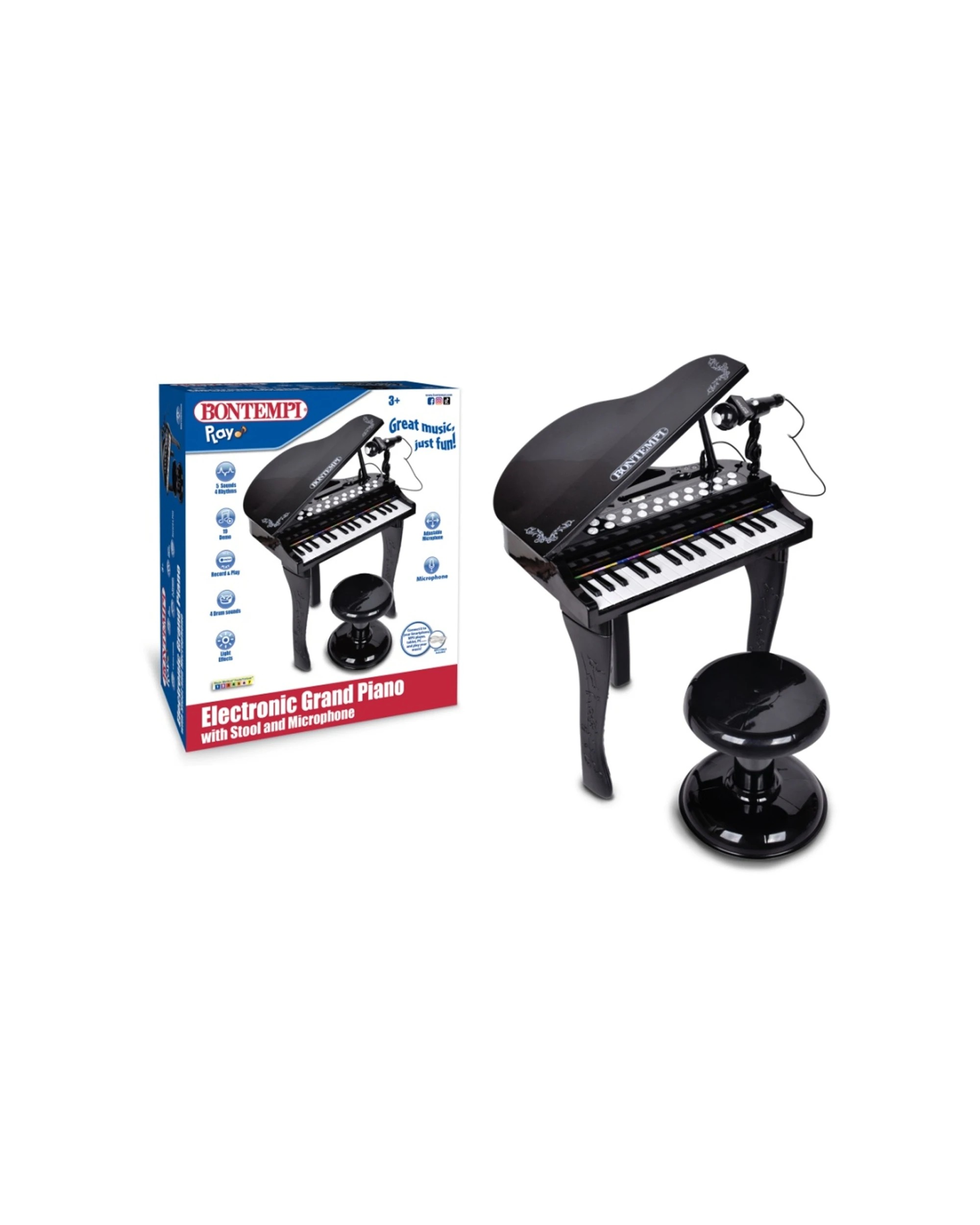 2 Bontempi Electronic Grand Piano 32-Key With Microphone Stool Light Effects - Black, 2 of 4