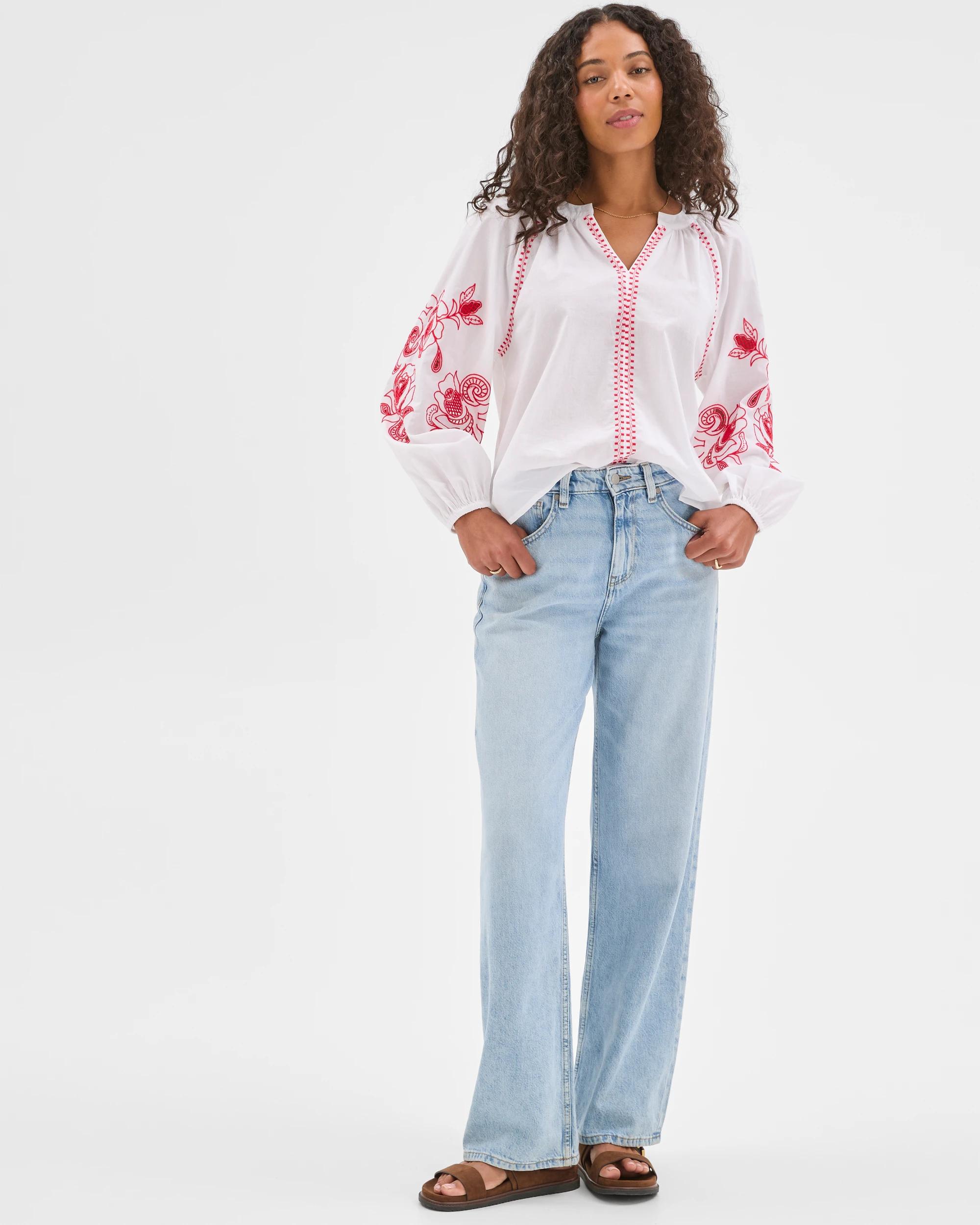 2 Target Woman Long Sleeve Embroidered Stitch Blouse WHITE, 2 of 7