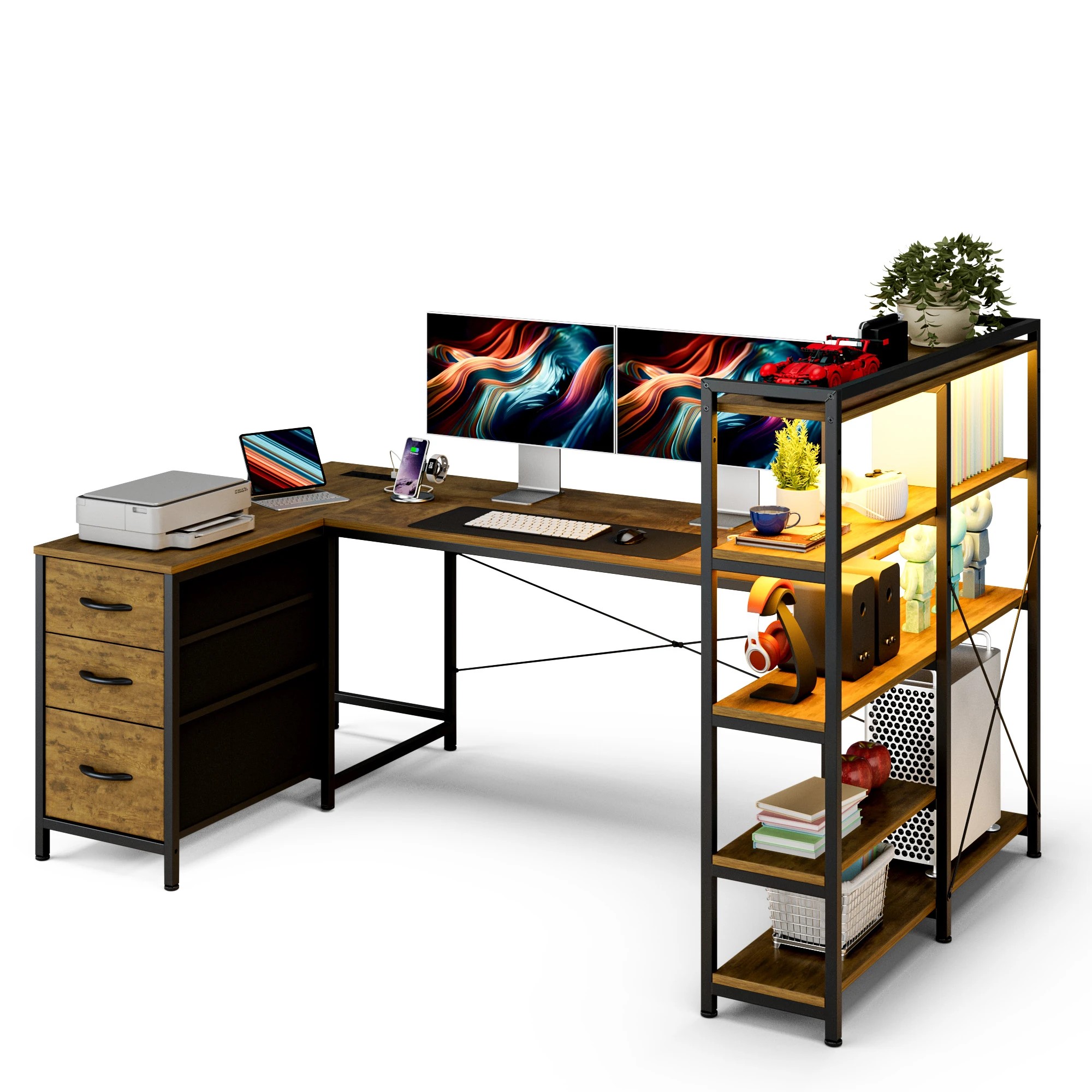 7 Advwin U Shaped Gaming Desk With Led Lights & Power Outlets Reversible 164cm Computer Desk With Bookshelf Walnut, 7 of 10