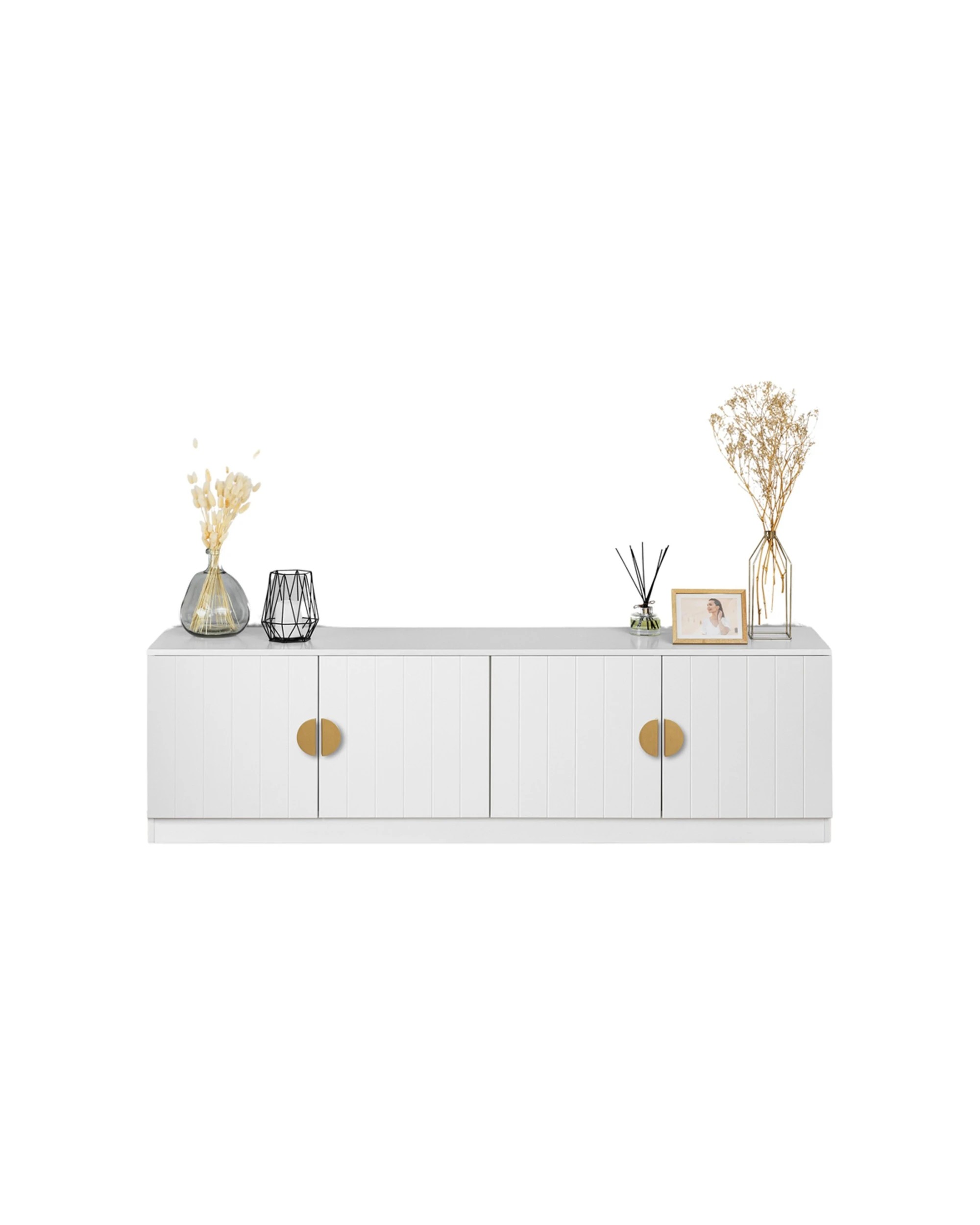 2 European Cabinetry Bucharest VJ Panel TV Unit Brass Half Moon Handle - White, 2 of 4