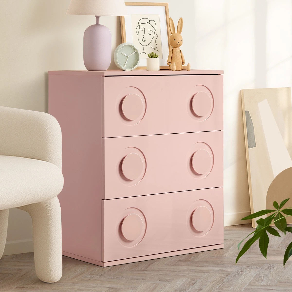 3 Oikiture 3 Chest of Drawers Spacious Cabinet Bedroom Dresser Nightstand - Pink, 3 of 9