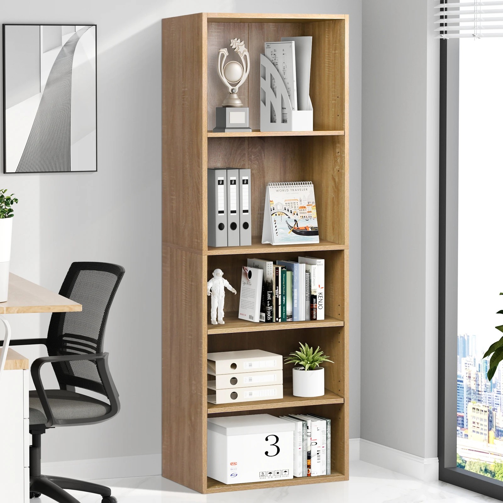 2 Alfordson Office Storage Cabinet 5 Shelves Bookcase Tallboy Bedroom - Oak, 2 of 9