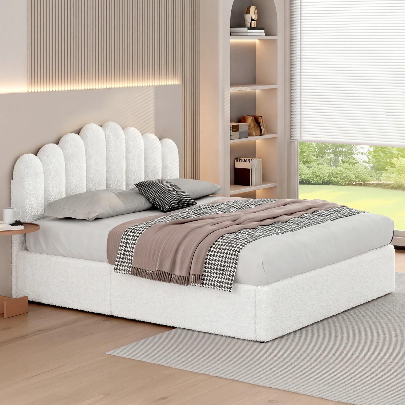 6 Alfordson Bed Frame Queen Size Gas Lift Storage Base Wooden Boucle Mutis - White, 6 of 9