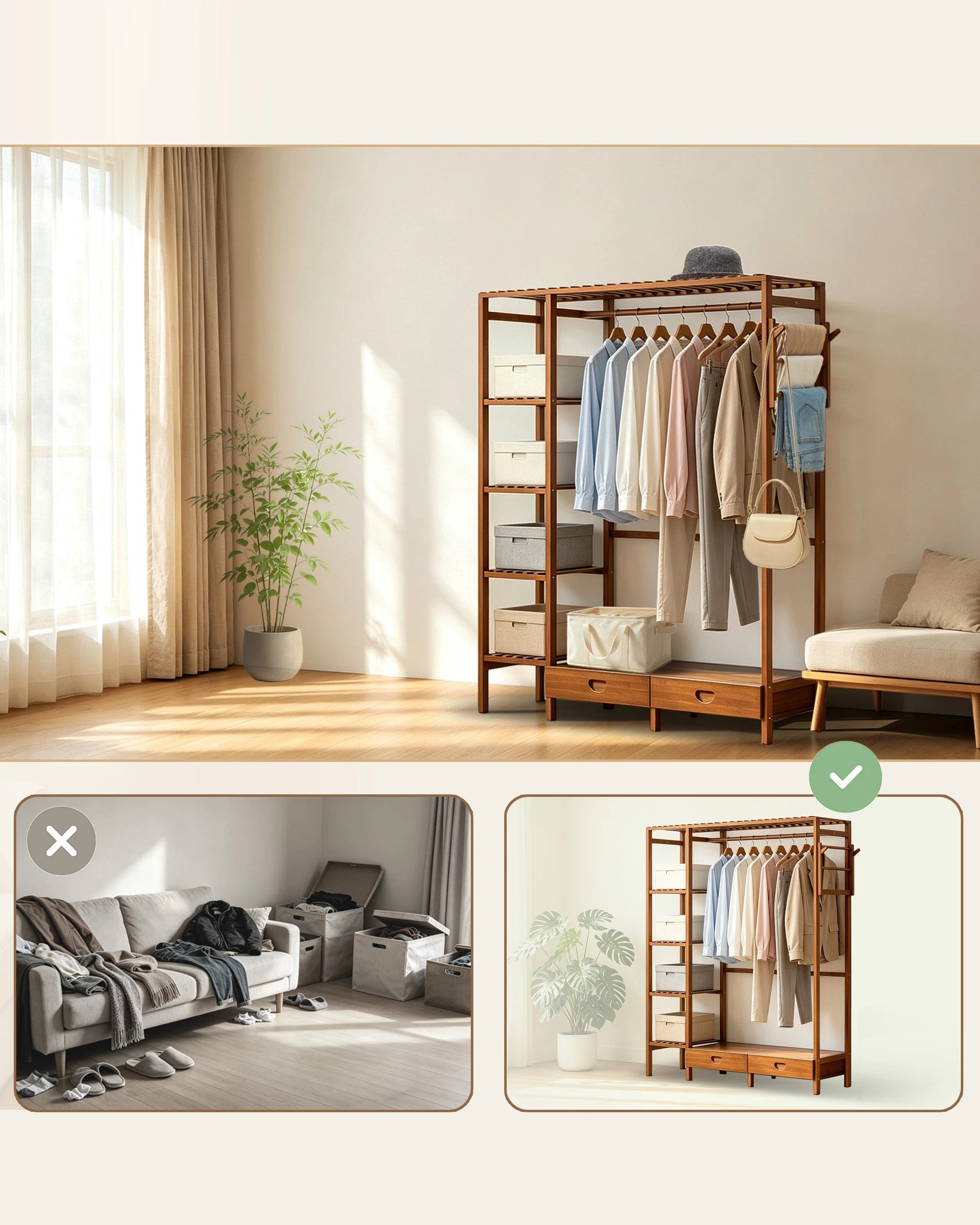 8 Foret Freestanding Open Wardrobe Bamboo Clothes Rack With Shelves & Drawers, 8 of 8