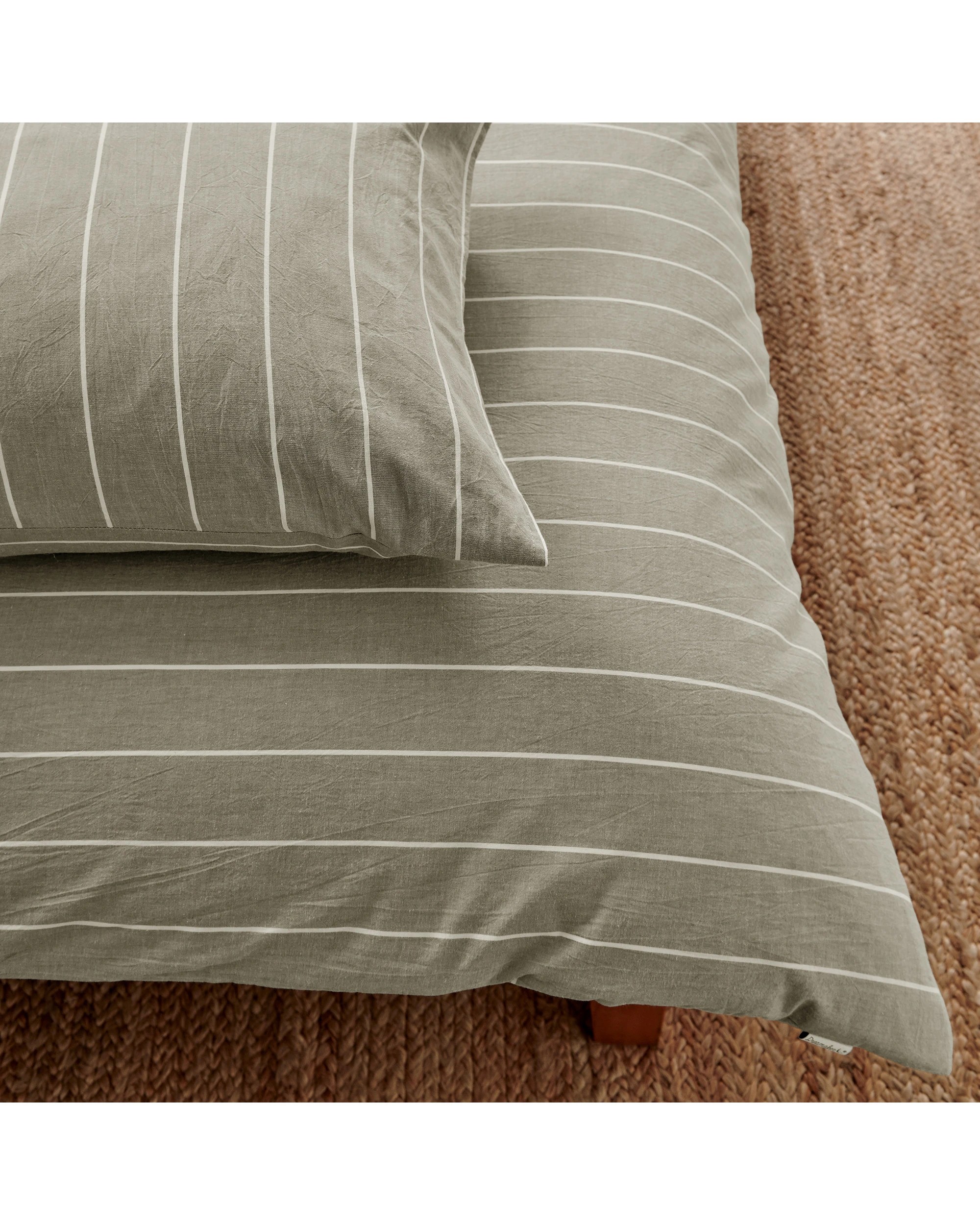 4 Dreamaker Rumi Stripe Washed Cotton Reversible Quilt Cover Set - Queen Bed - Olive with White, 4 of 6