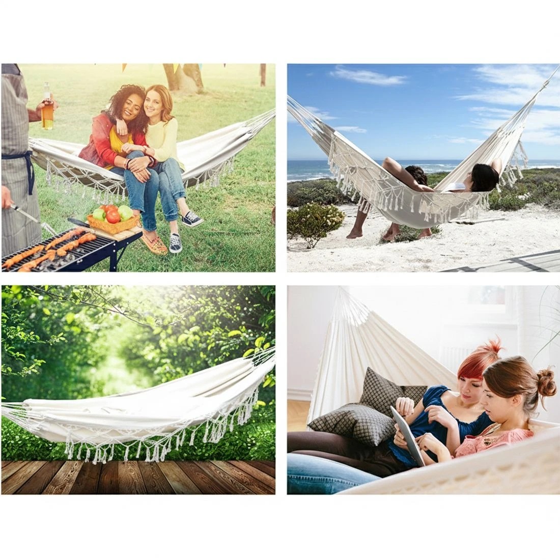 4 Gardeon Hammock Bed Rope Tassel Outdoor Hammocks Chair Camping - Beige, 4 of 7