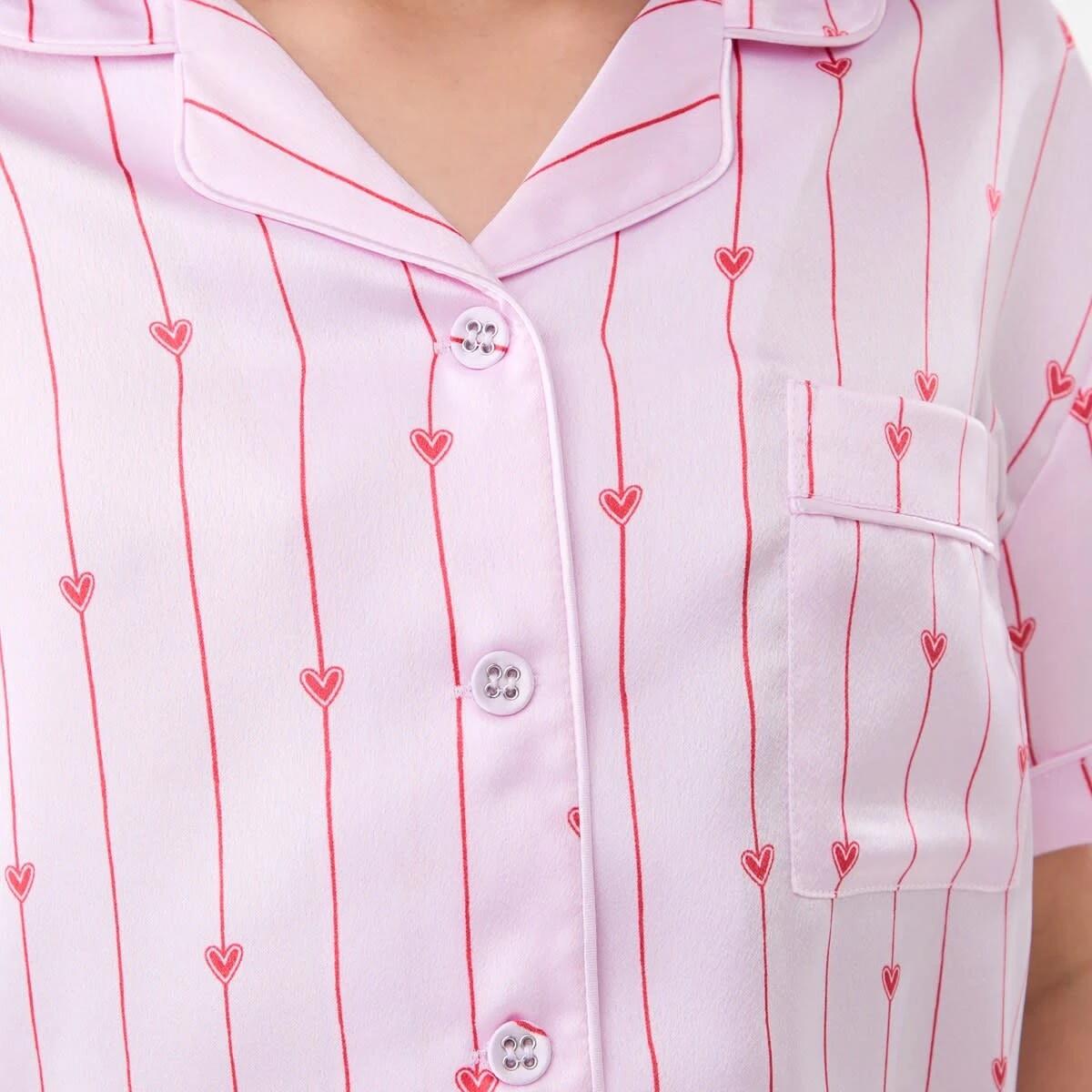 4 Short Sleeve Satin Pyjama Set PINK STRIPE HEARTS, 4 of 6