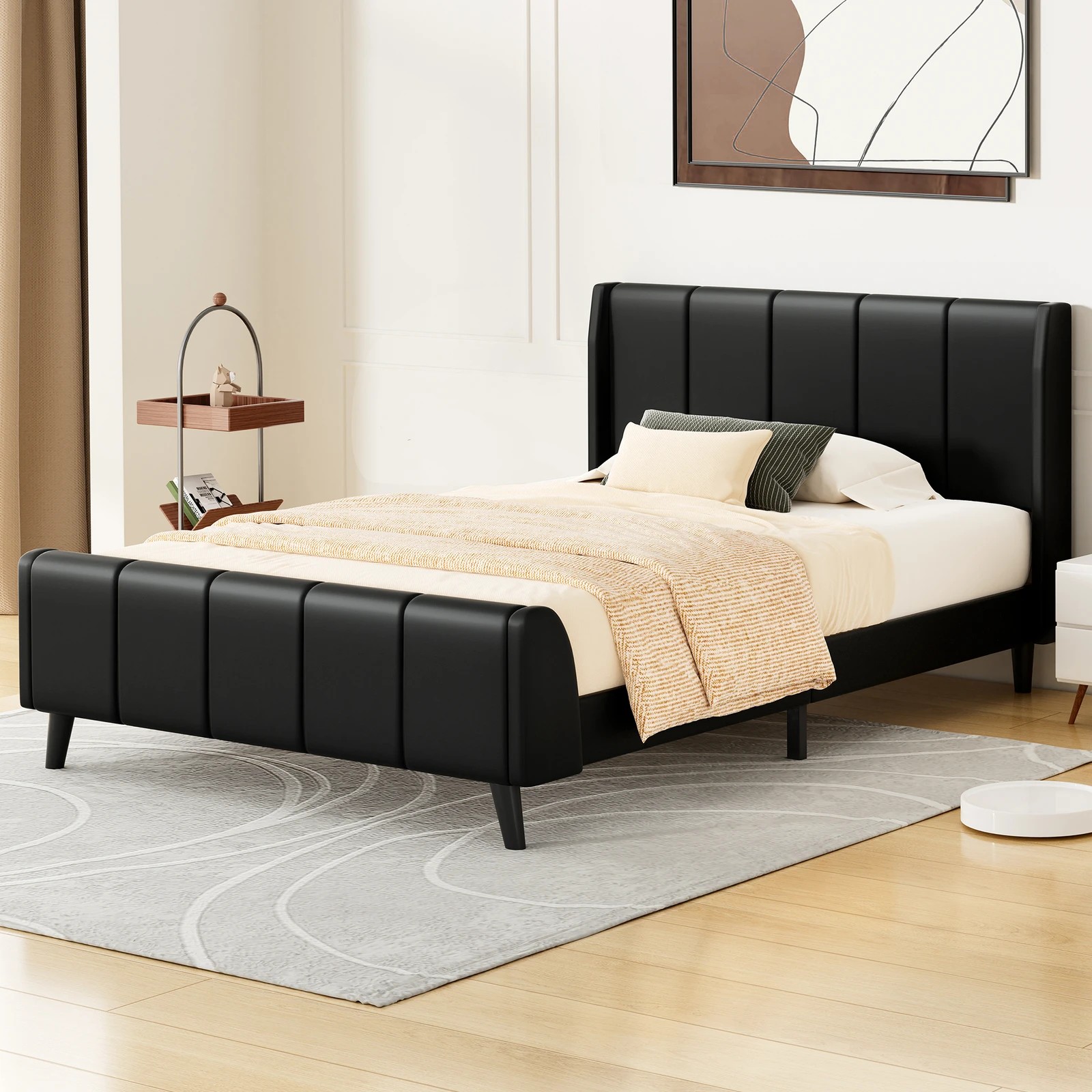 2 Alfordson Bed Frame Single Size Tufted Headboard Base Leather Hundolf - Black, 2 of 10