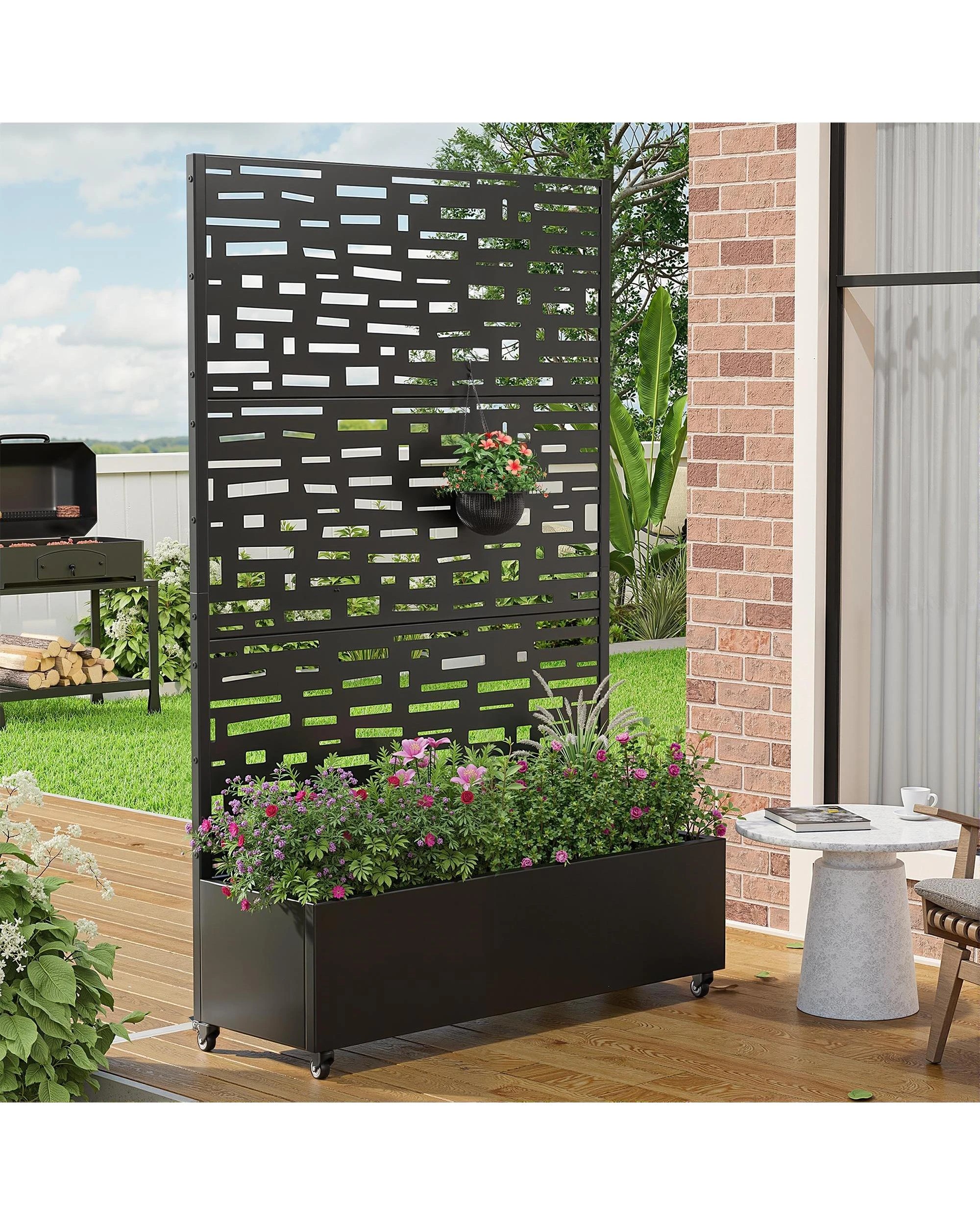 4 OAKORY 180cm Metal Planter Box with Privacy Screen and Lockable Wheels, Drainage Hole Outdoor Geometric - Black, 4 of 5