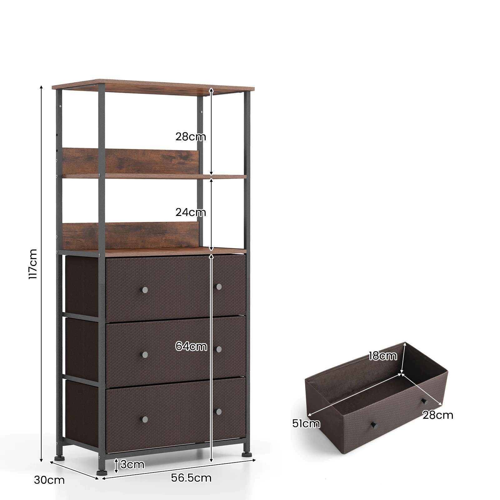 2 Costway 3 Fabric Drawers Dresser Chest of Drawers Open Shelf Storage Organiser, 2 of 4