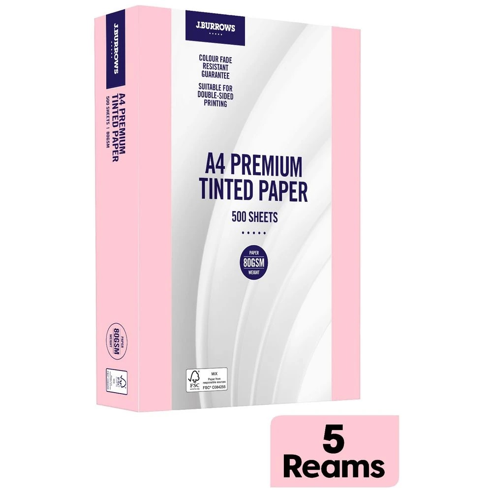 2 J.Burrows Premium A4 Tinted Paper Ream Pink 5 Pack, 2 of 2
