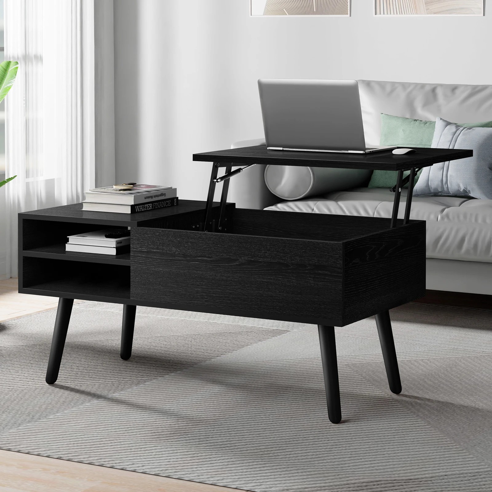 2 Alfordson Coffee Table Lift Up Top Modern Laptop Desk Hidden Storage - Black, 2 of 10