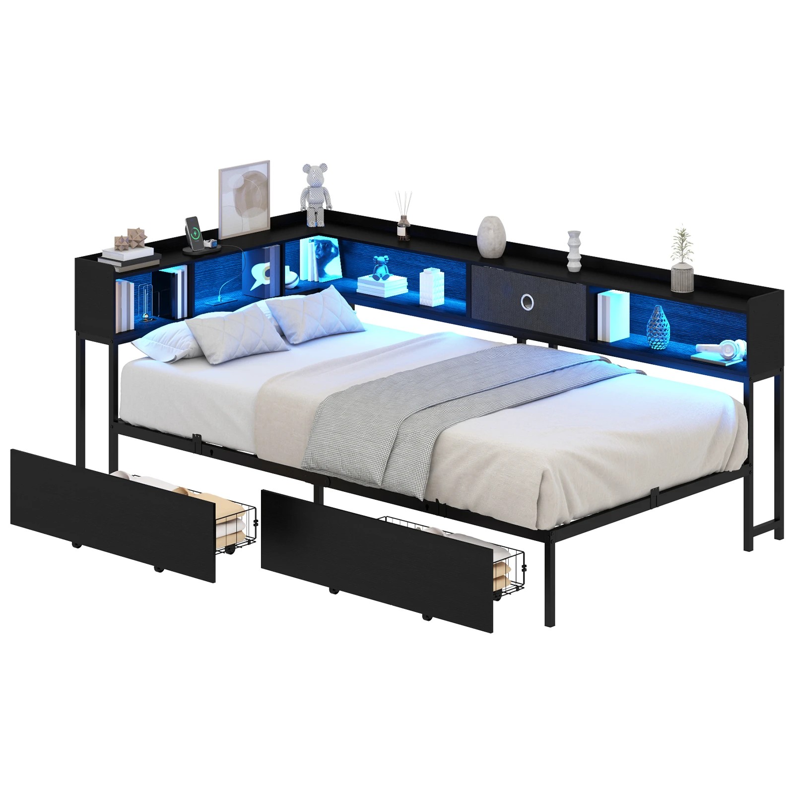 1 Advwin King Single Corner Bed Frame with Storage Drawers, Charging Station and LED Lights - Black, 1 of 10