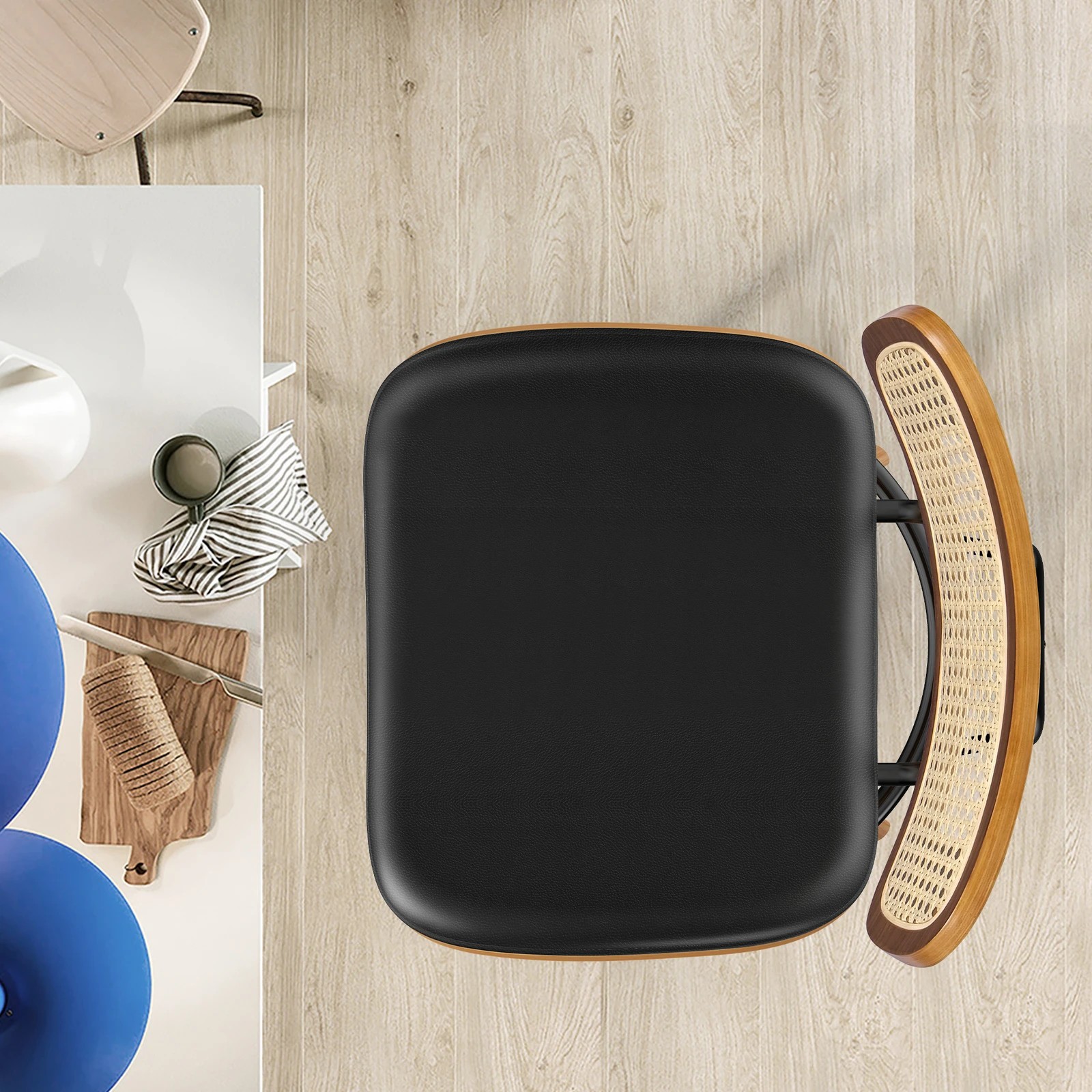 6 Alfordson 4x Bar Stools Kitchen Vintage Leather Seat Rattan Chair - Black, 6 of 10