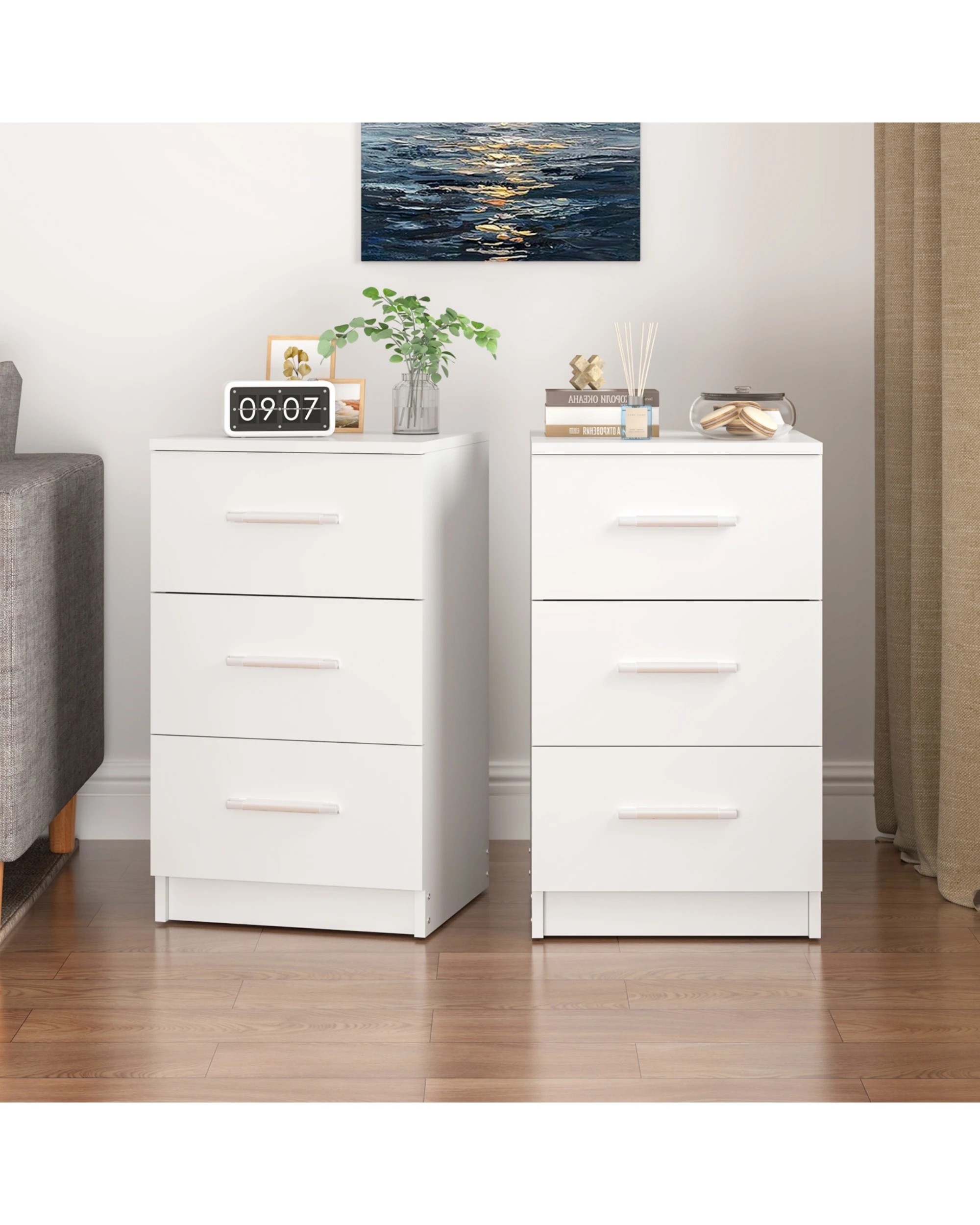 2 Advwin 3 Drawer Bedside Table Set of 2 White, 2 of 9