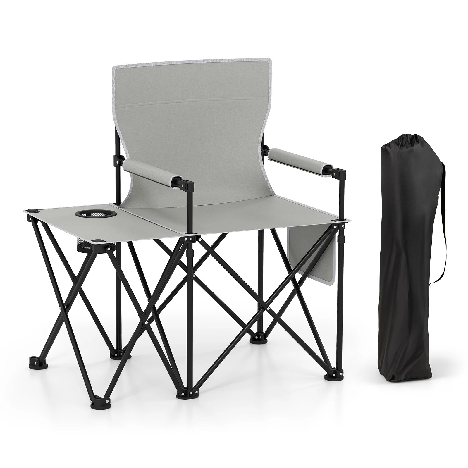 1 Costway Folding Camping Chair w/Side Table 2 Storage Pockets Cup Holder Picnic Chair - Grey, 1 of 3